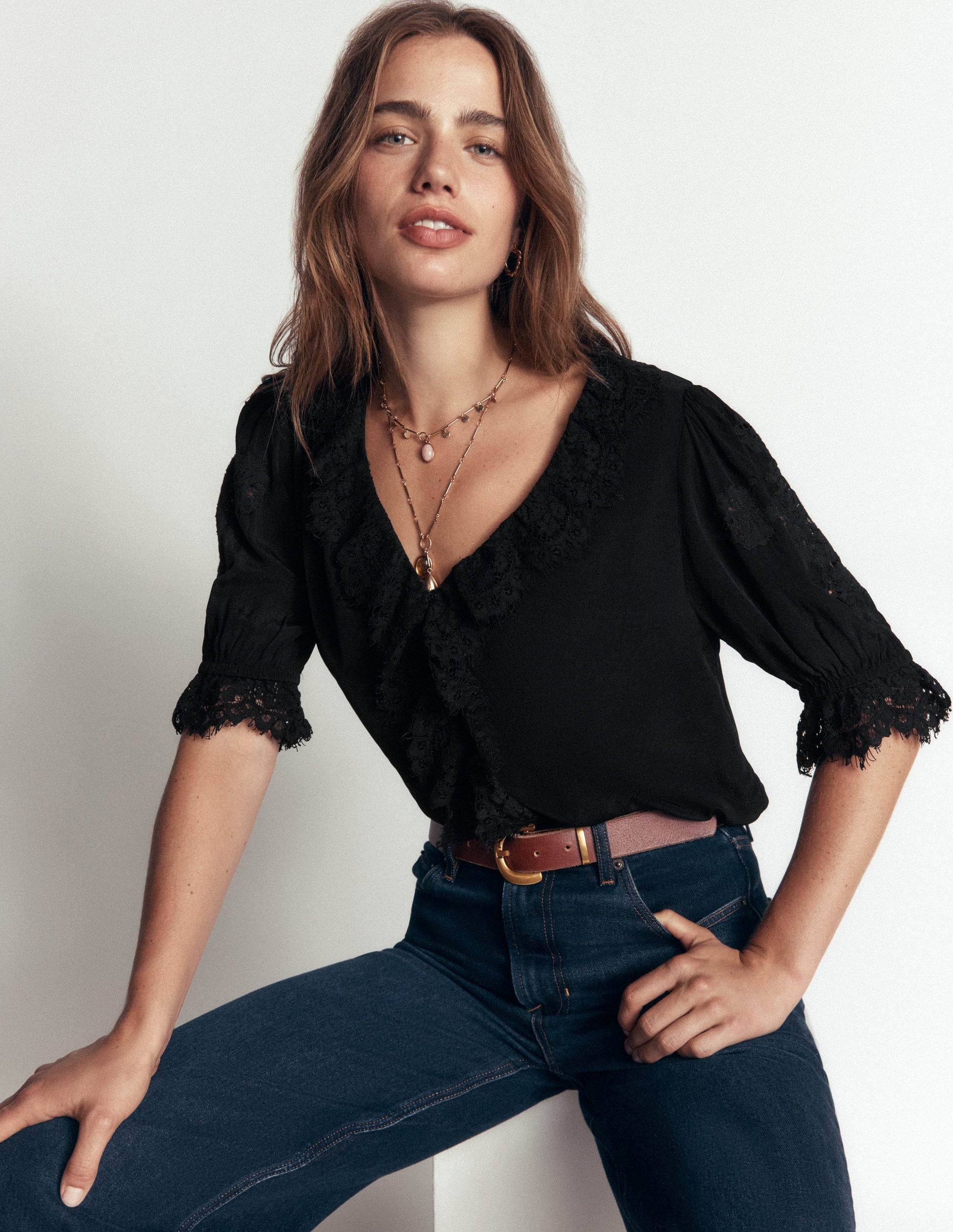 Ruffle V-neck Lace Top-Black-5