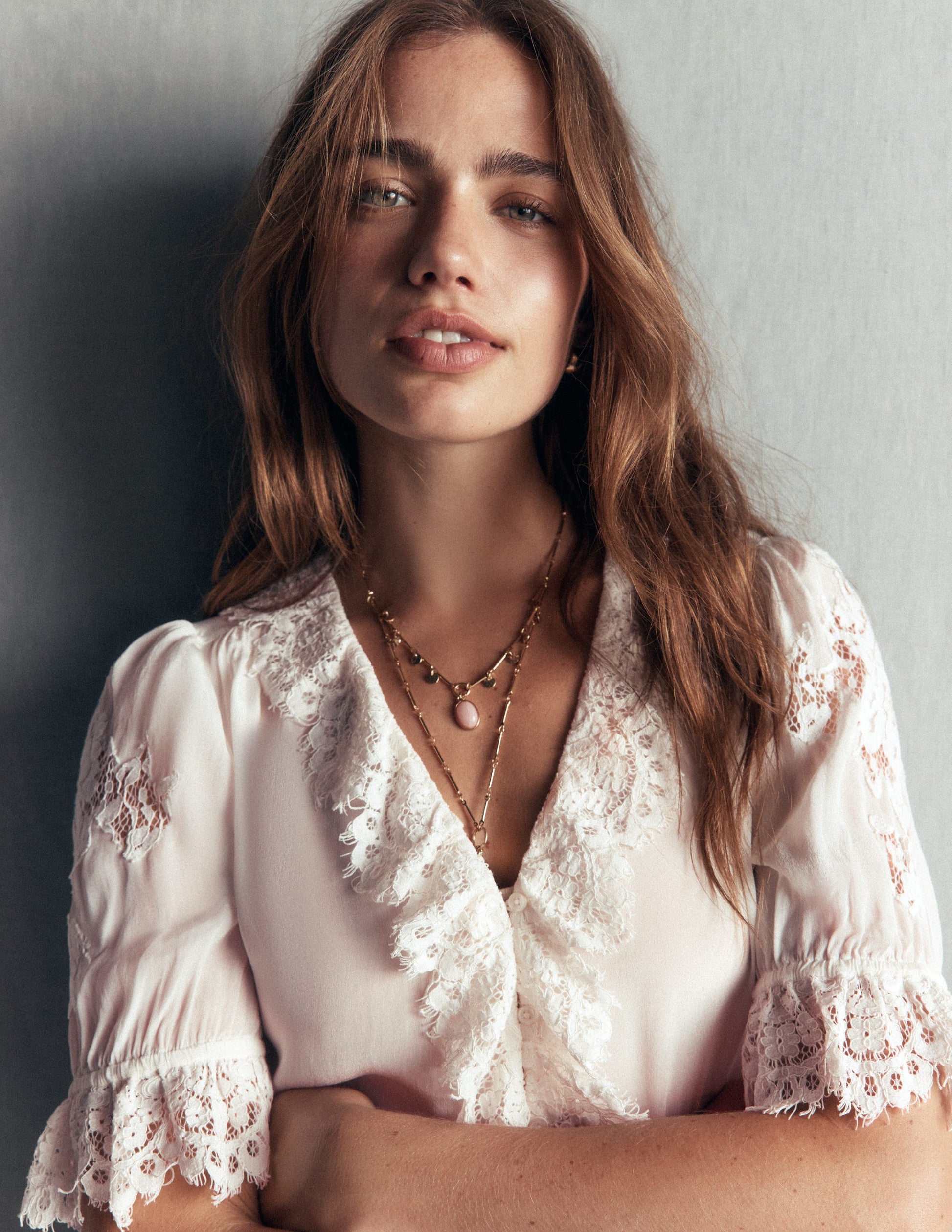 Ruffle V-neck Lace Top-Ivory-3