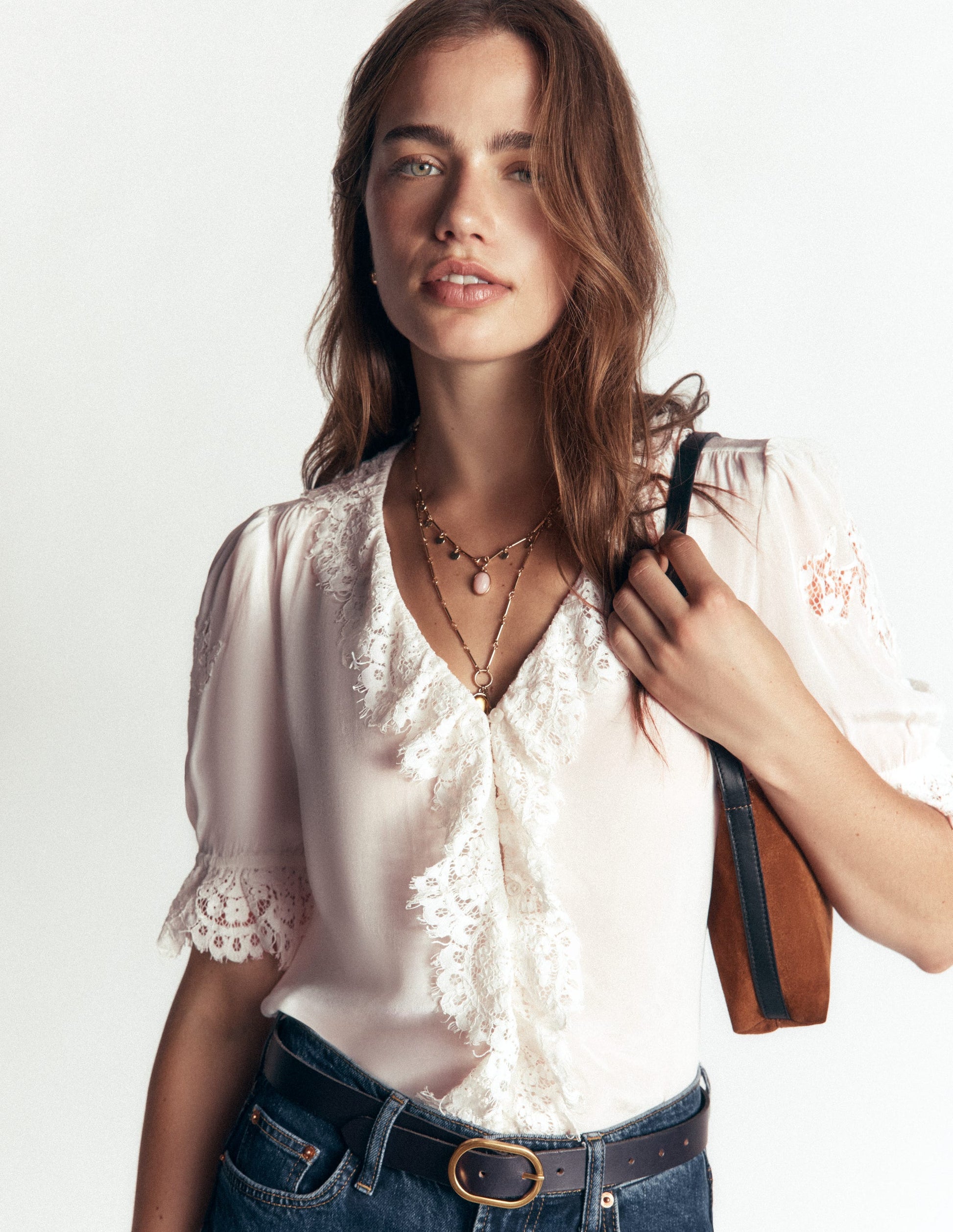 Ruffle V-neck Lace Top-Ivory-6