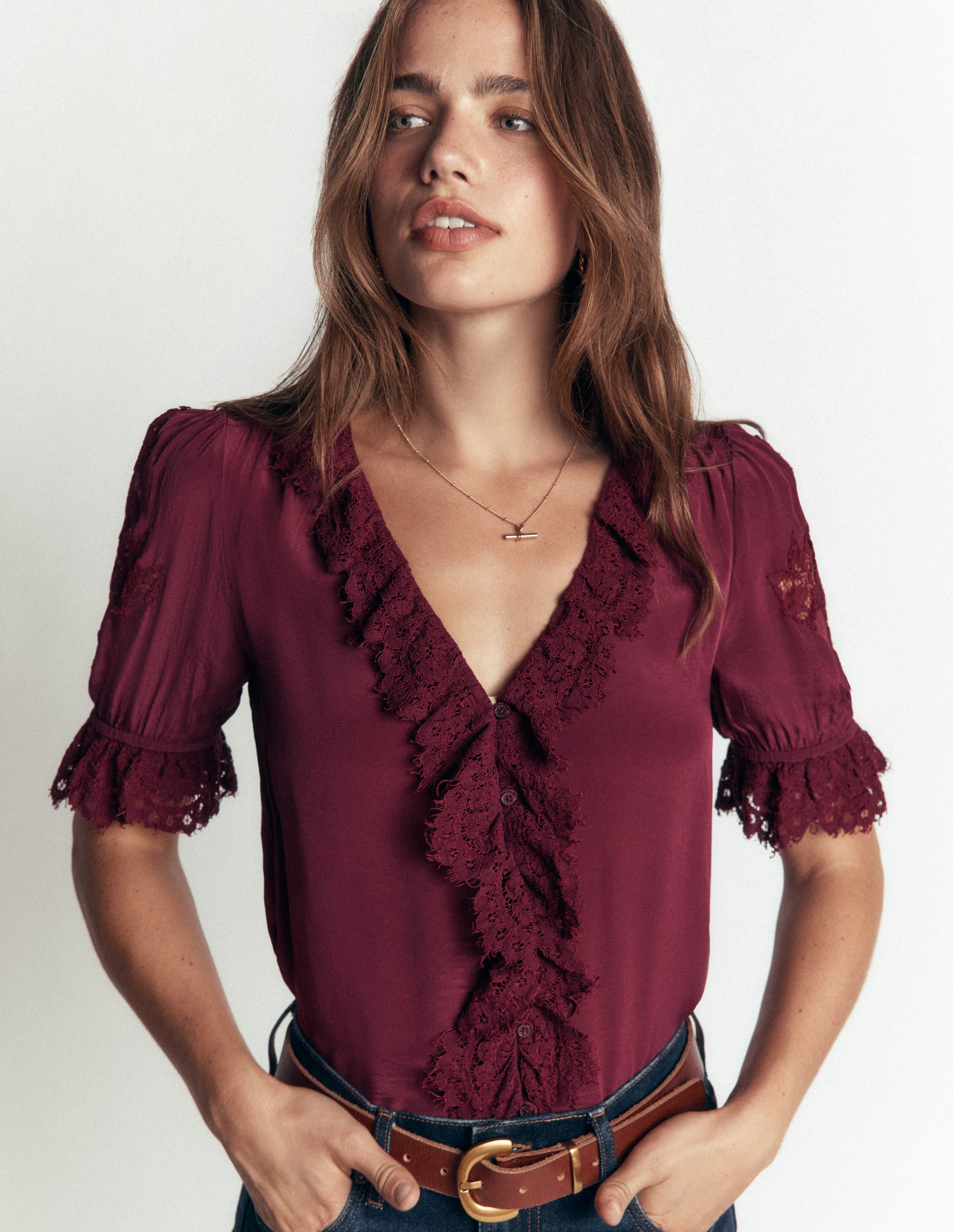 Ruffle V-neck Lace Top-Deep Wisteria - Image 5