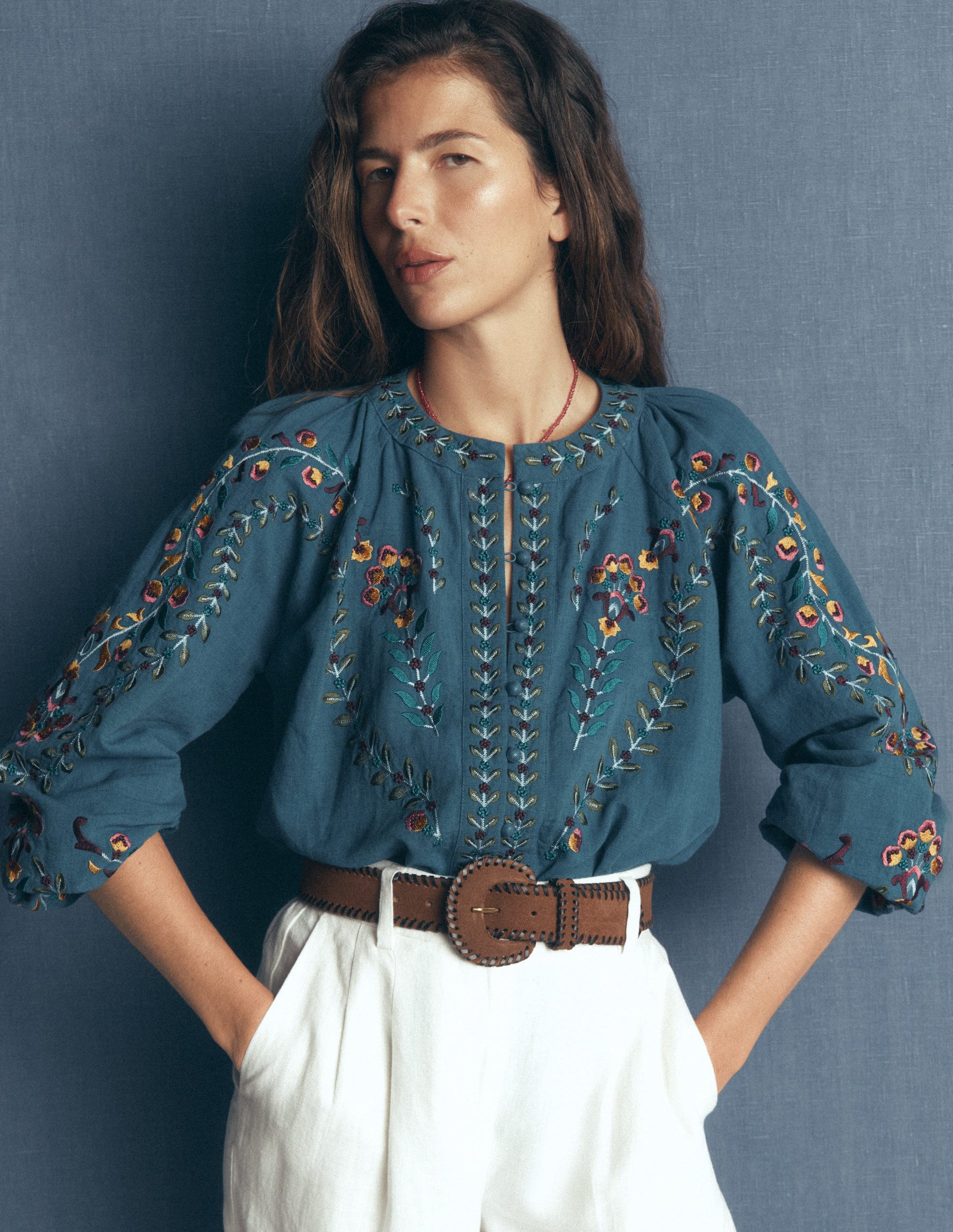 Raglan Embroidered Top-Mid Blue-1