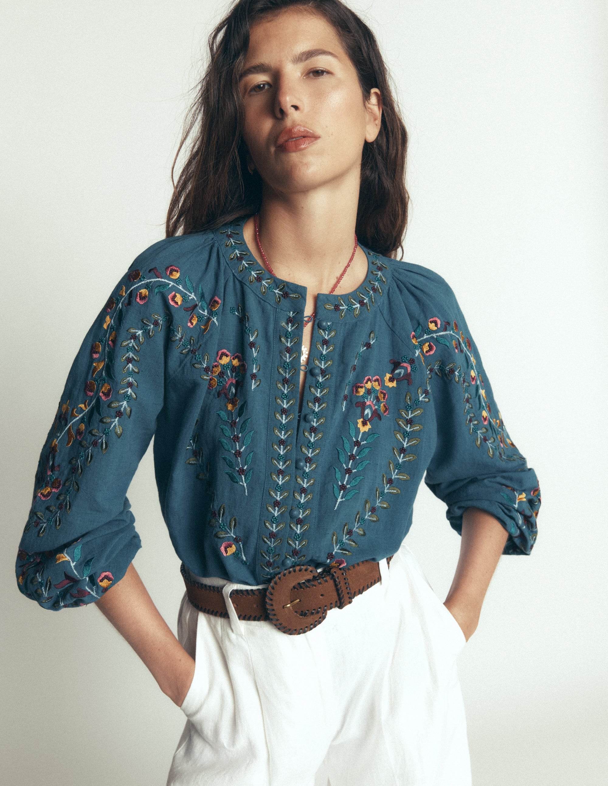 Raglan Embroidered Top-Mid Blue - Image 5