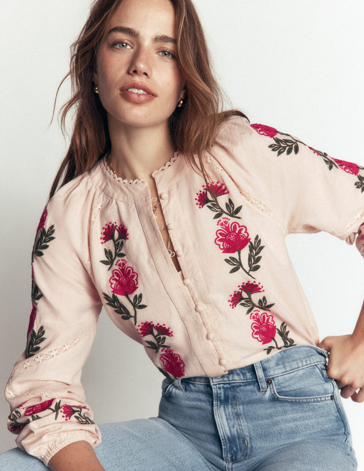 Raglan Embroidered Top-Almond Milk