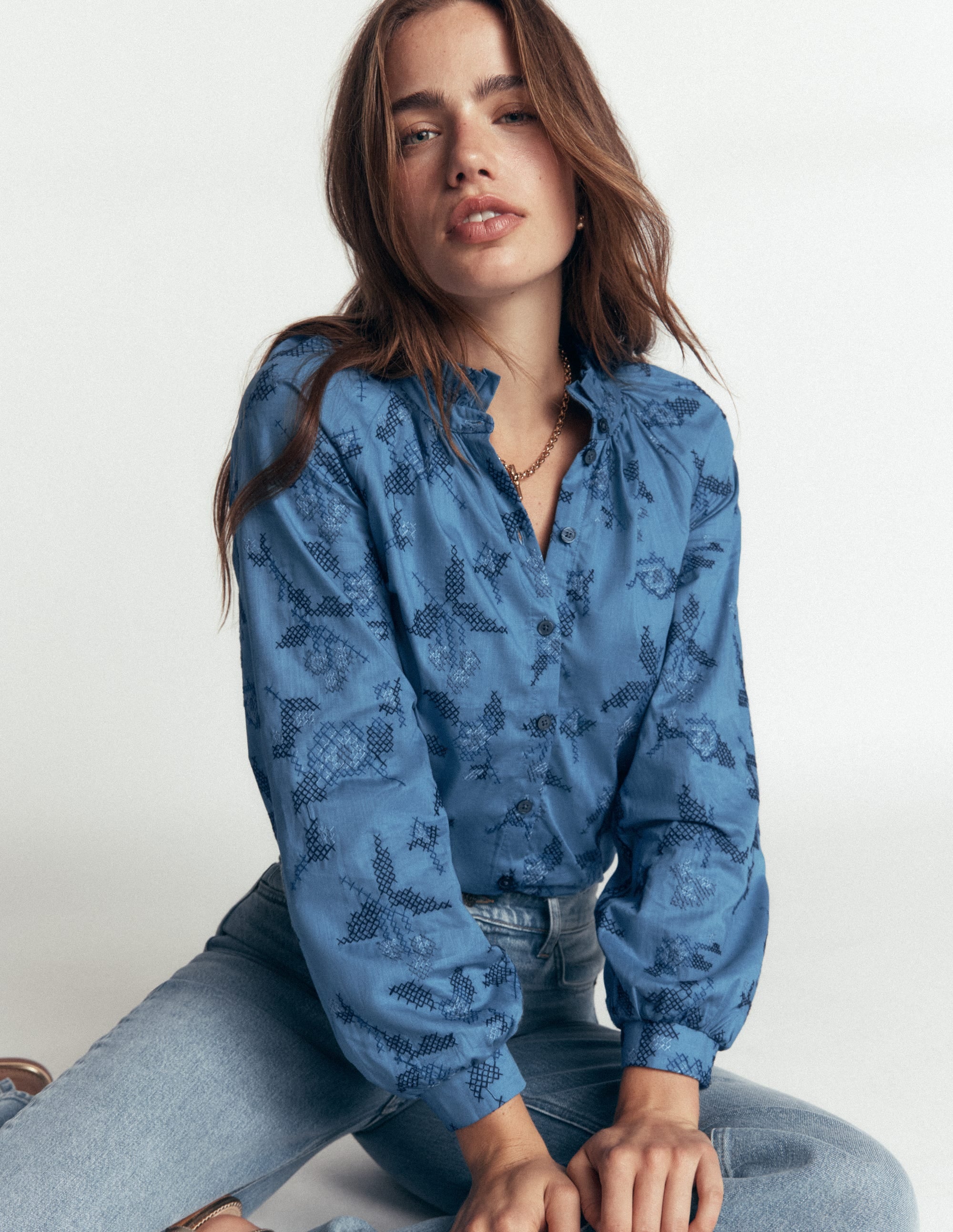 Erica Cotton Frill Top-Blue, Cross Stitch Floral - Image 4