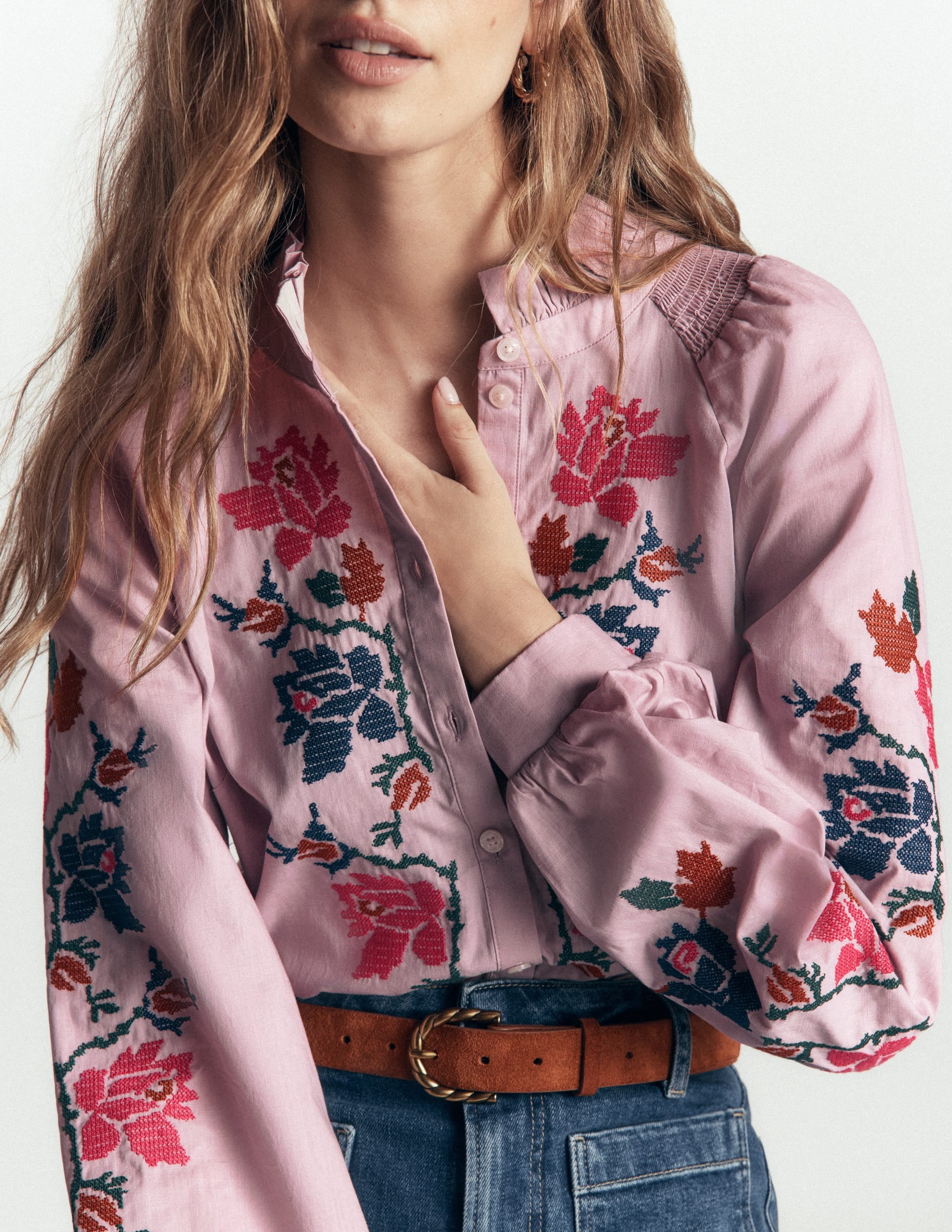 Erica Cotton Frill Top-Soft Pink, Embroidered Floral - Image 3