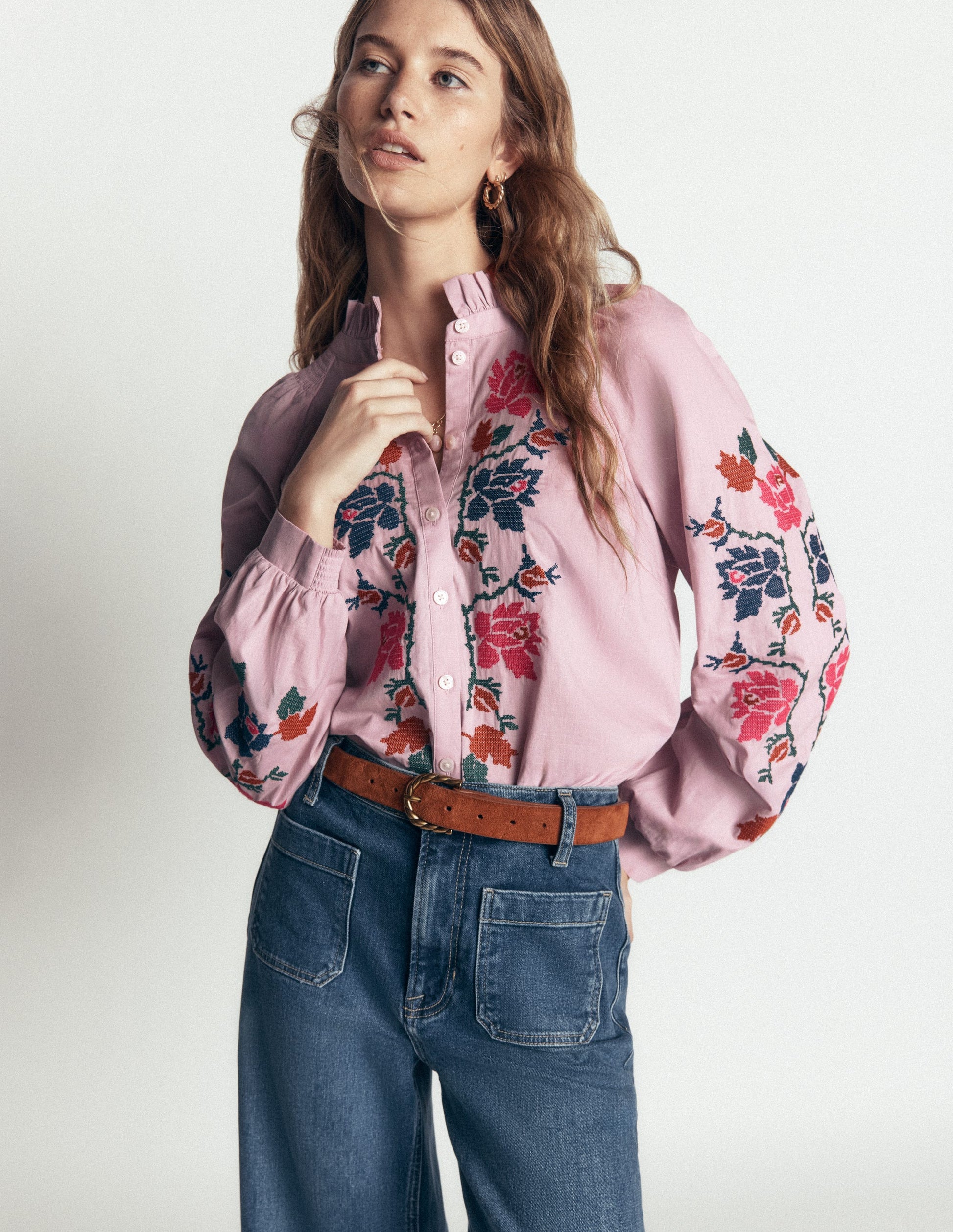 Erica Cotton Frill Top-Soft Pink, Embroidered Floral-6