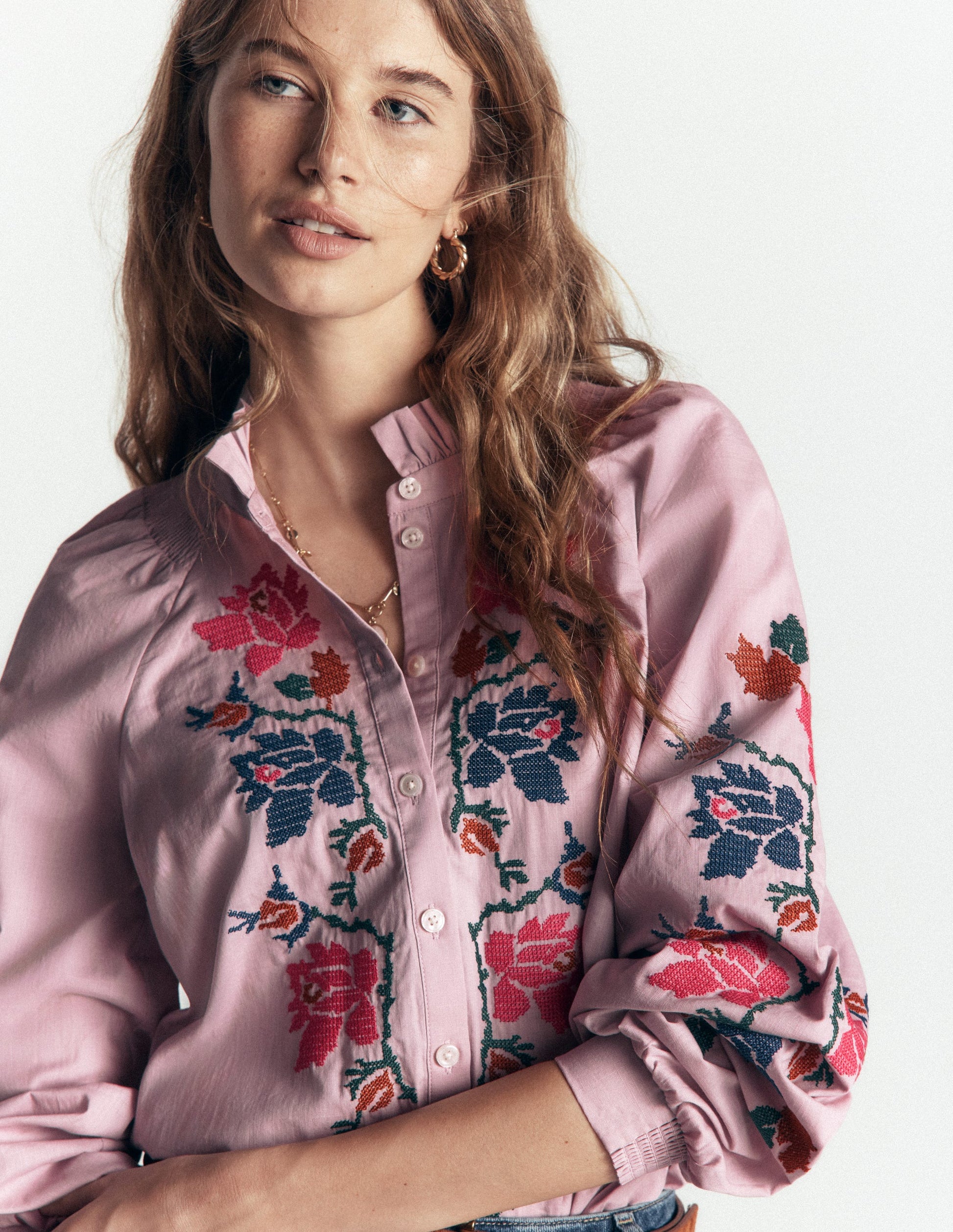 Erica Cotton Frill Top-Soft Pink, Embroidered Floral-7