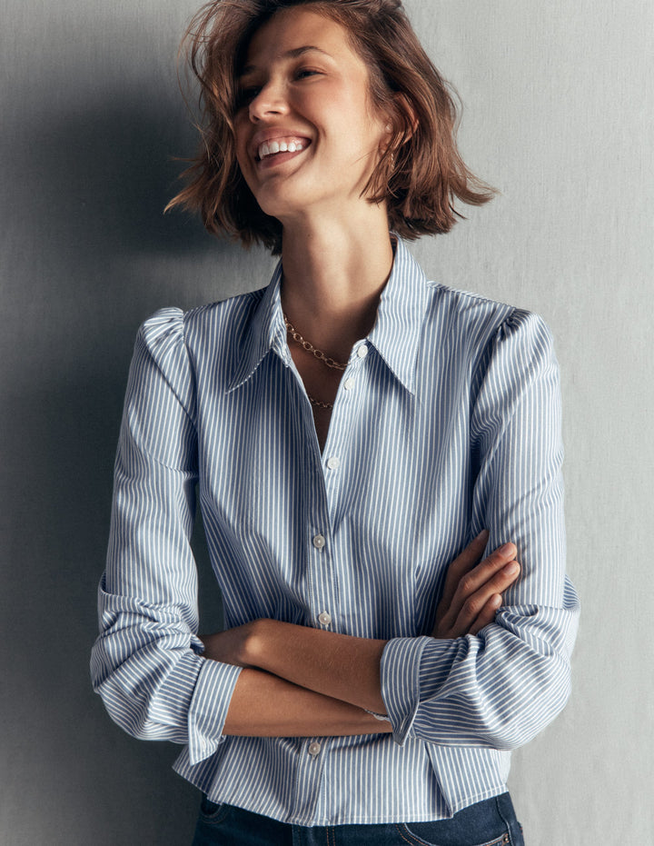 Julia Darted Cotton Shirt-Soft Blue, Ivory Stripe