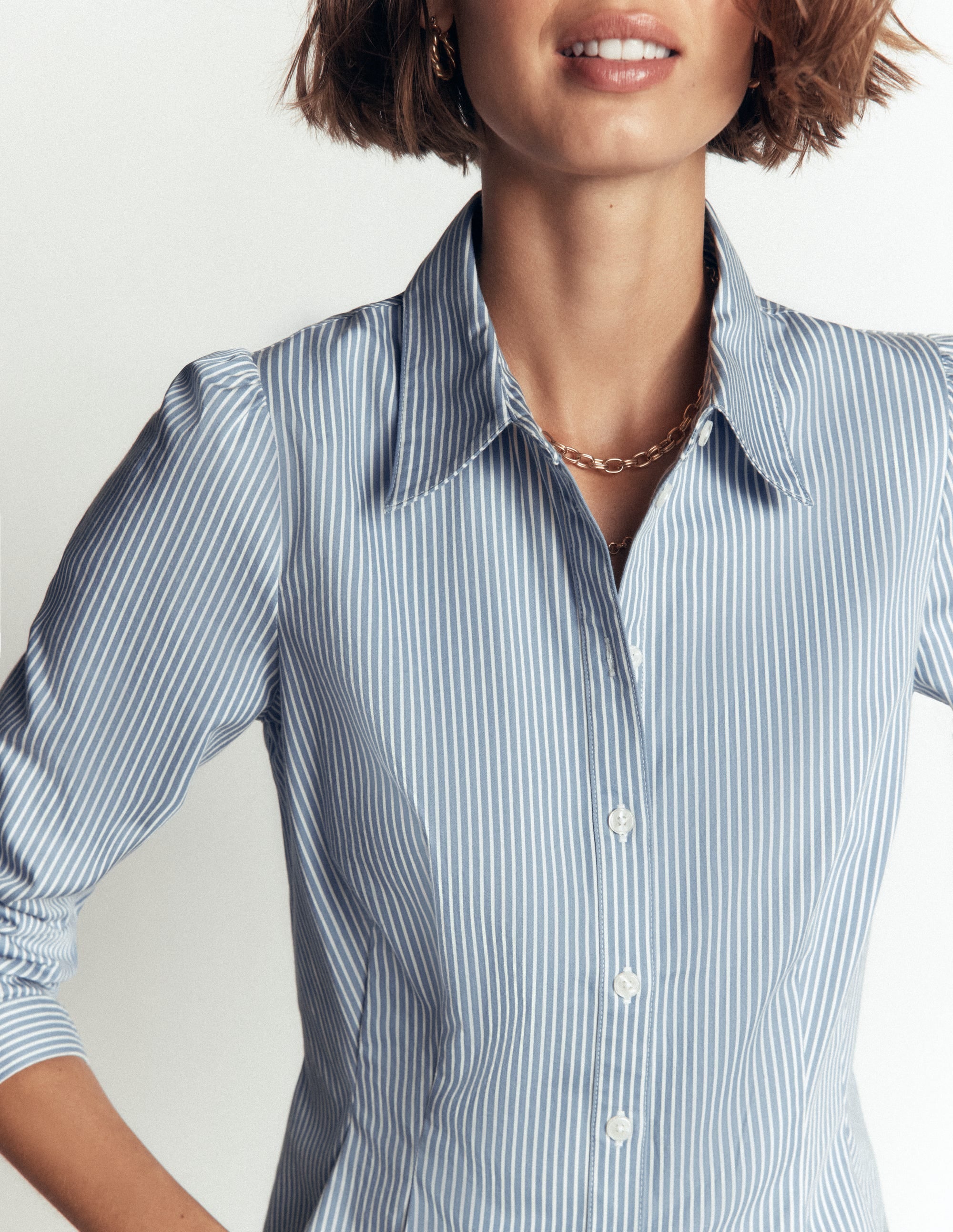 Julia Darted Cotton Shirt-Soft Blue, Ivory Stripe - Image 2