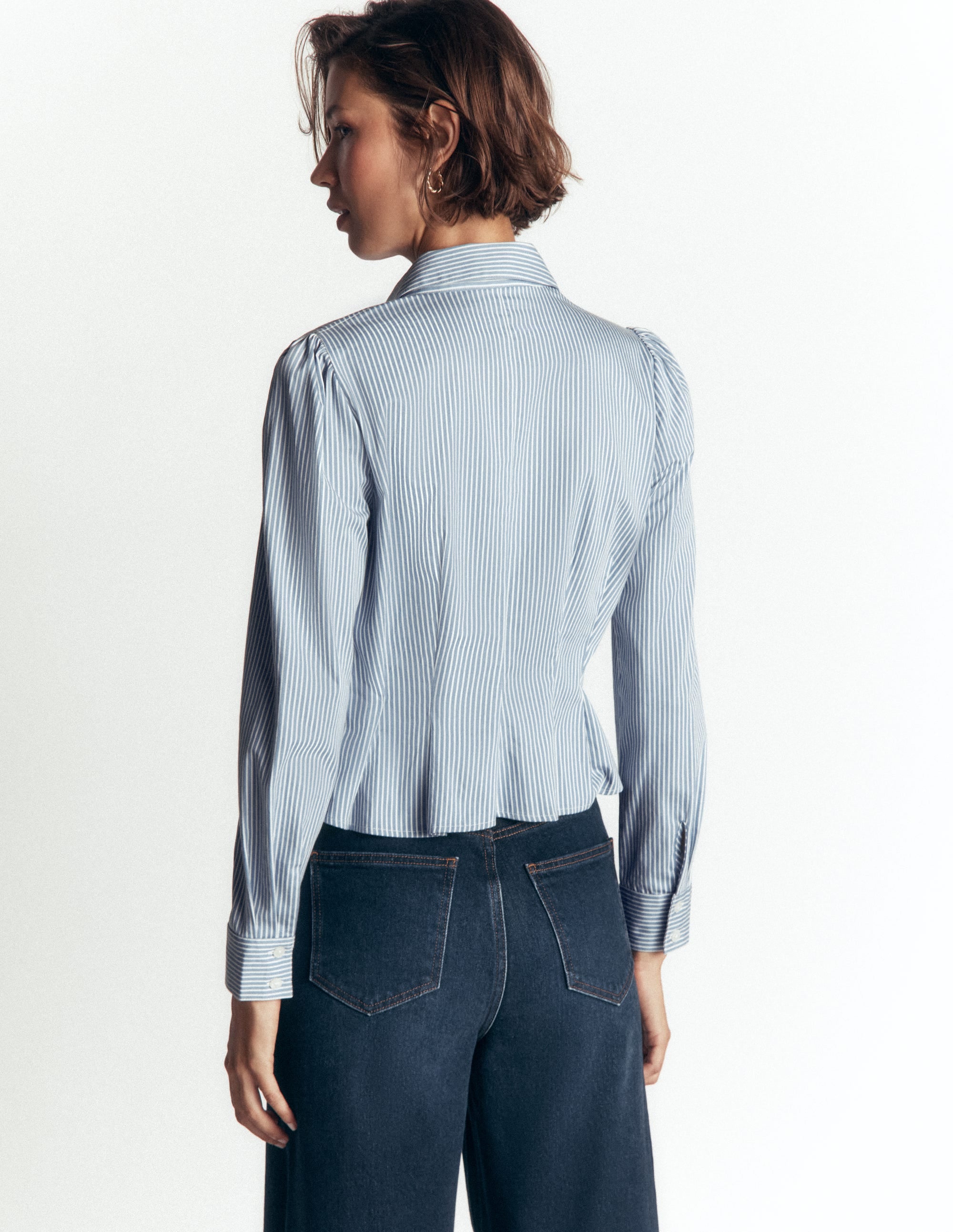 Julia Darted Cotton Shirt-Soft Blue, Ivory Stripe - Image 3