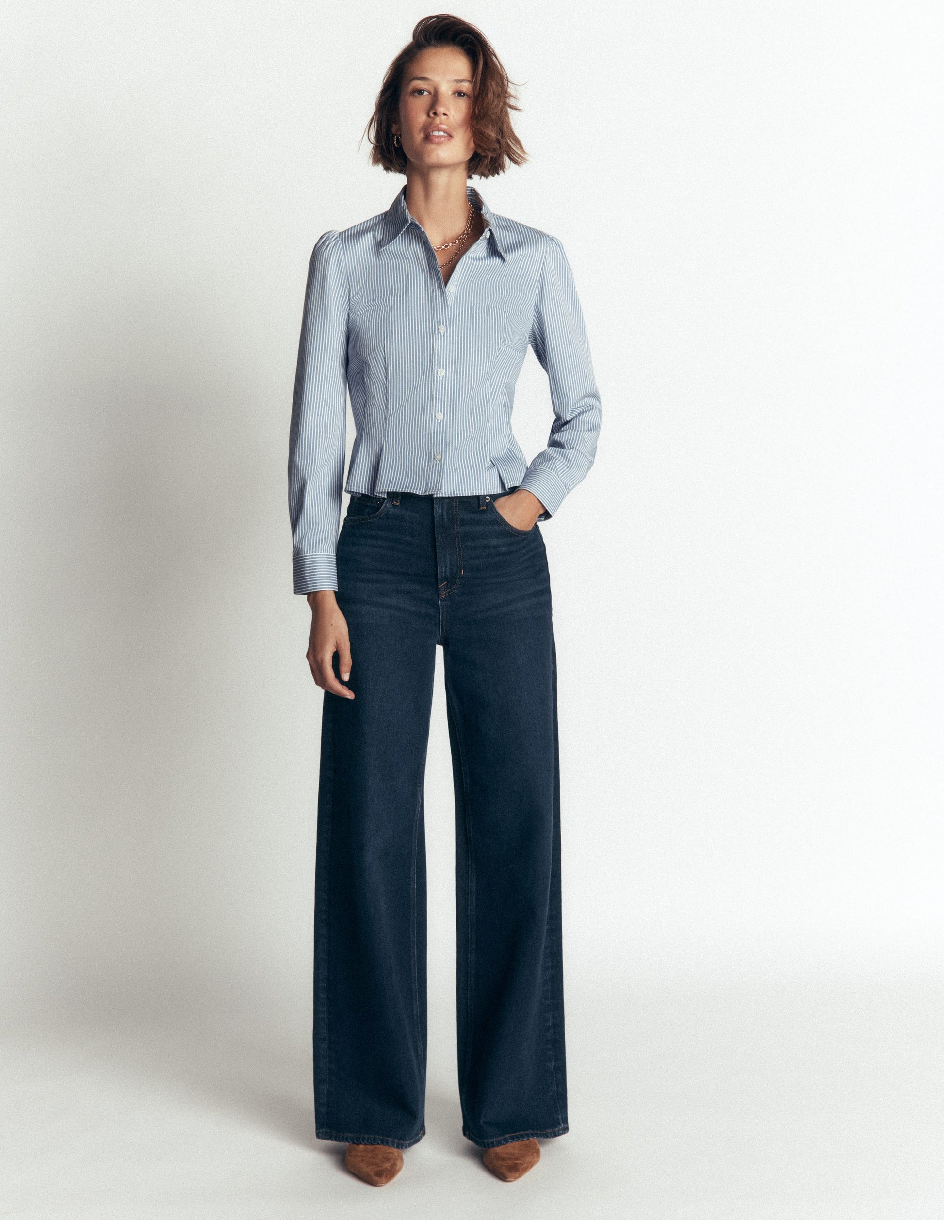 Julia Darted Cotton Shirt-Soft Blue, Ivory Stripe-5