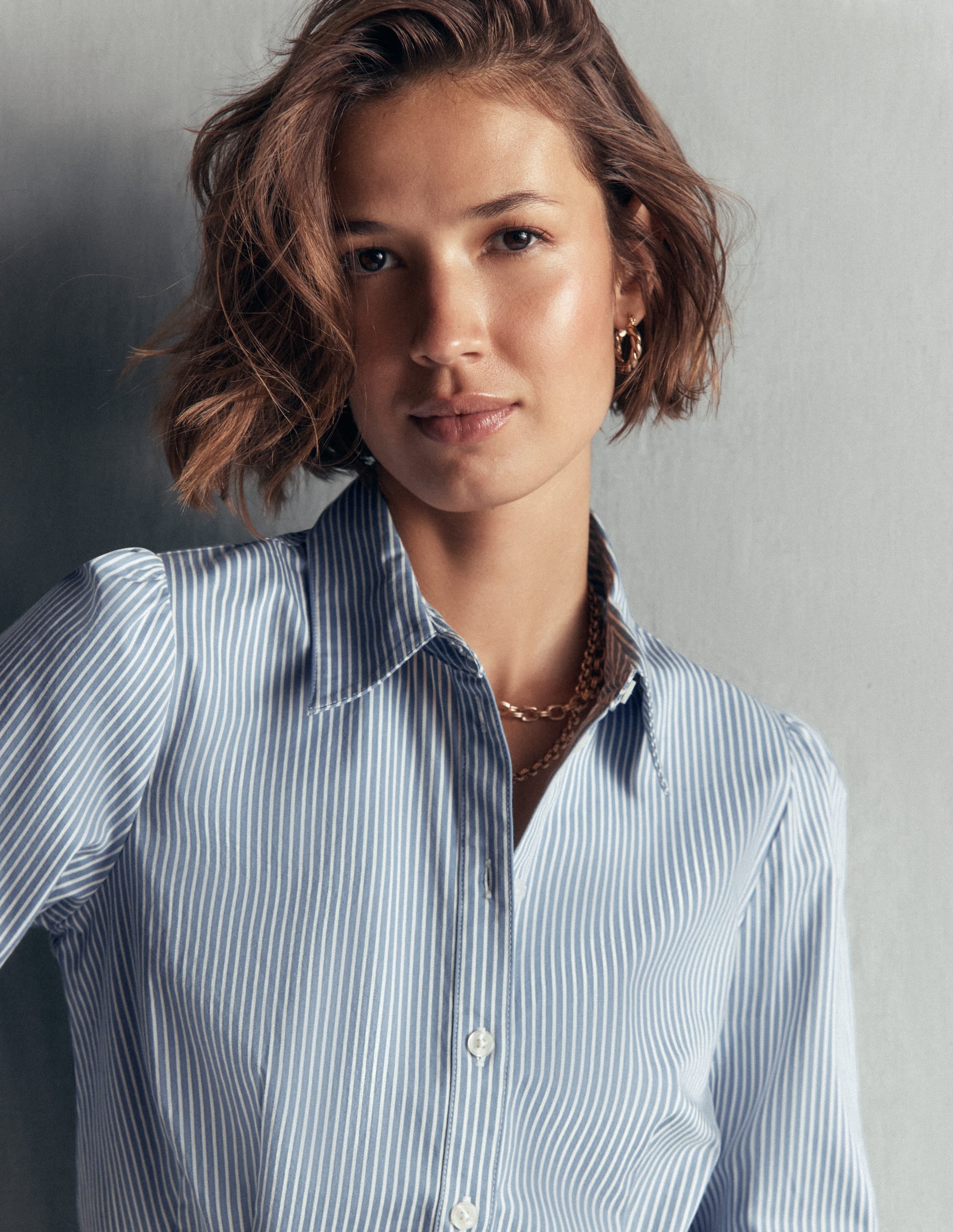 Julia Darted Cotton Shirt-Soft Blue, Ivory Stripe - Image 6