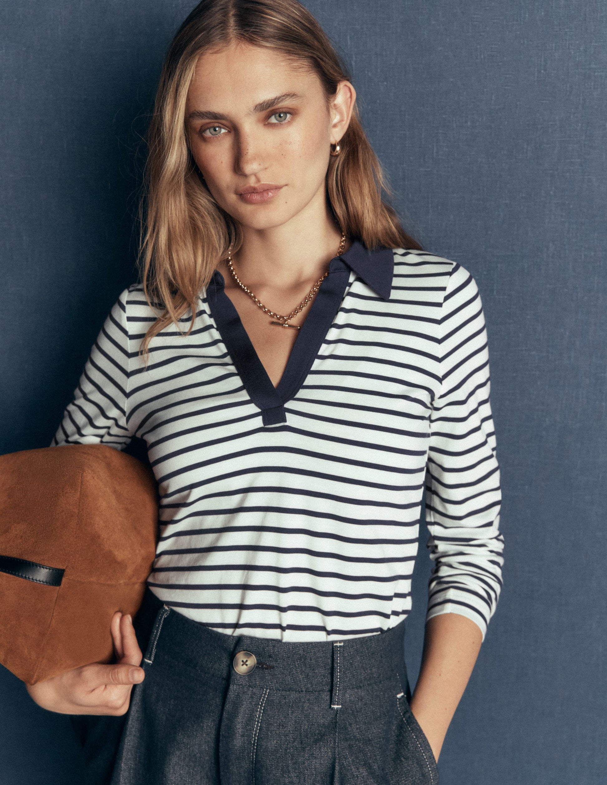 Open Collar Notch Neck-Ivory/ Navy Stripe-1