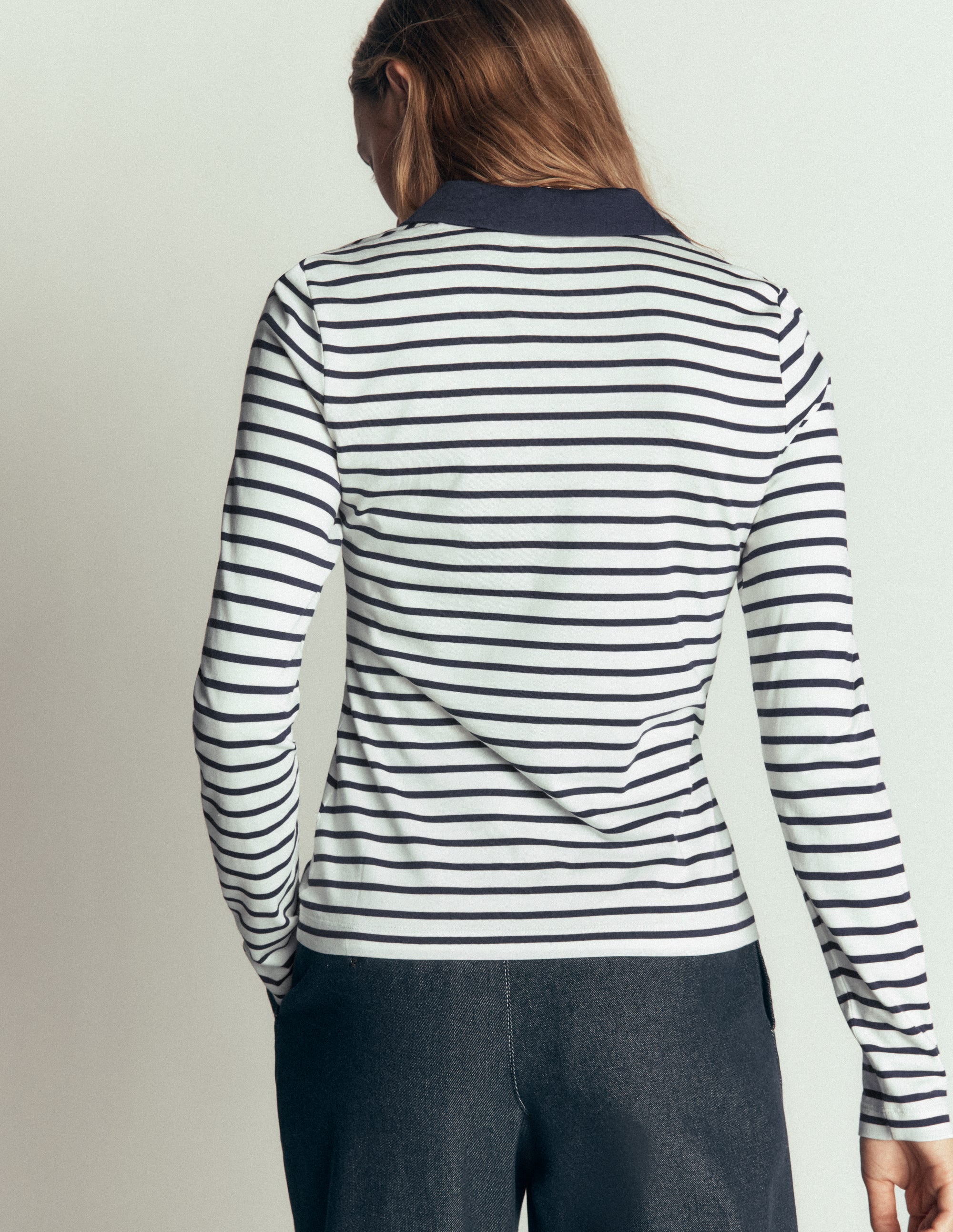 Open Collar Notch Neck-Ivory/ Navy Stripe - Image 3