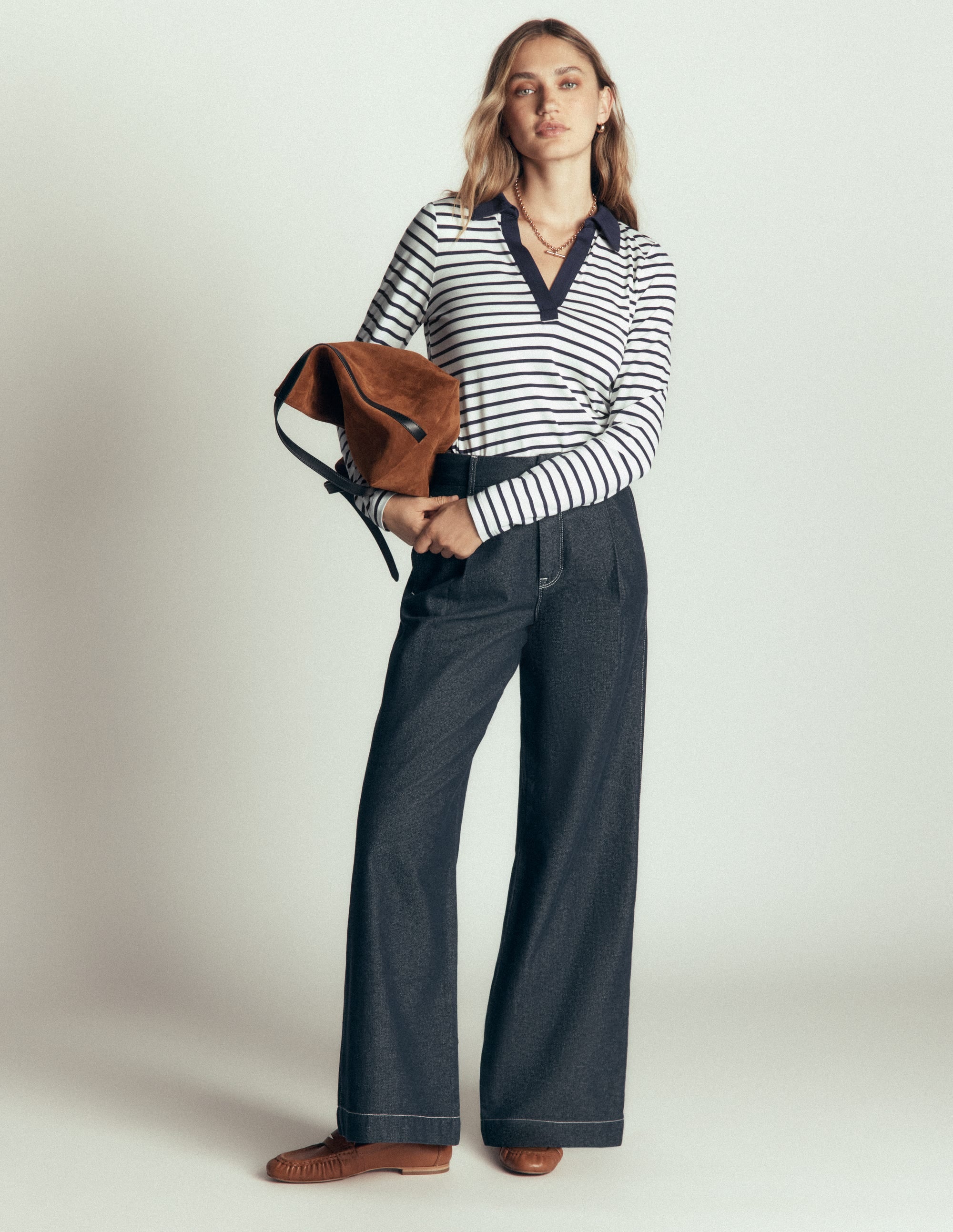 Open Collar Notch Neck-Ivory/ Navy Stripe - Image 4