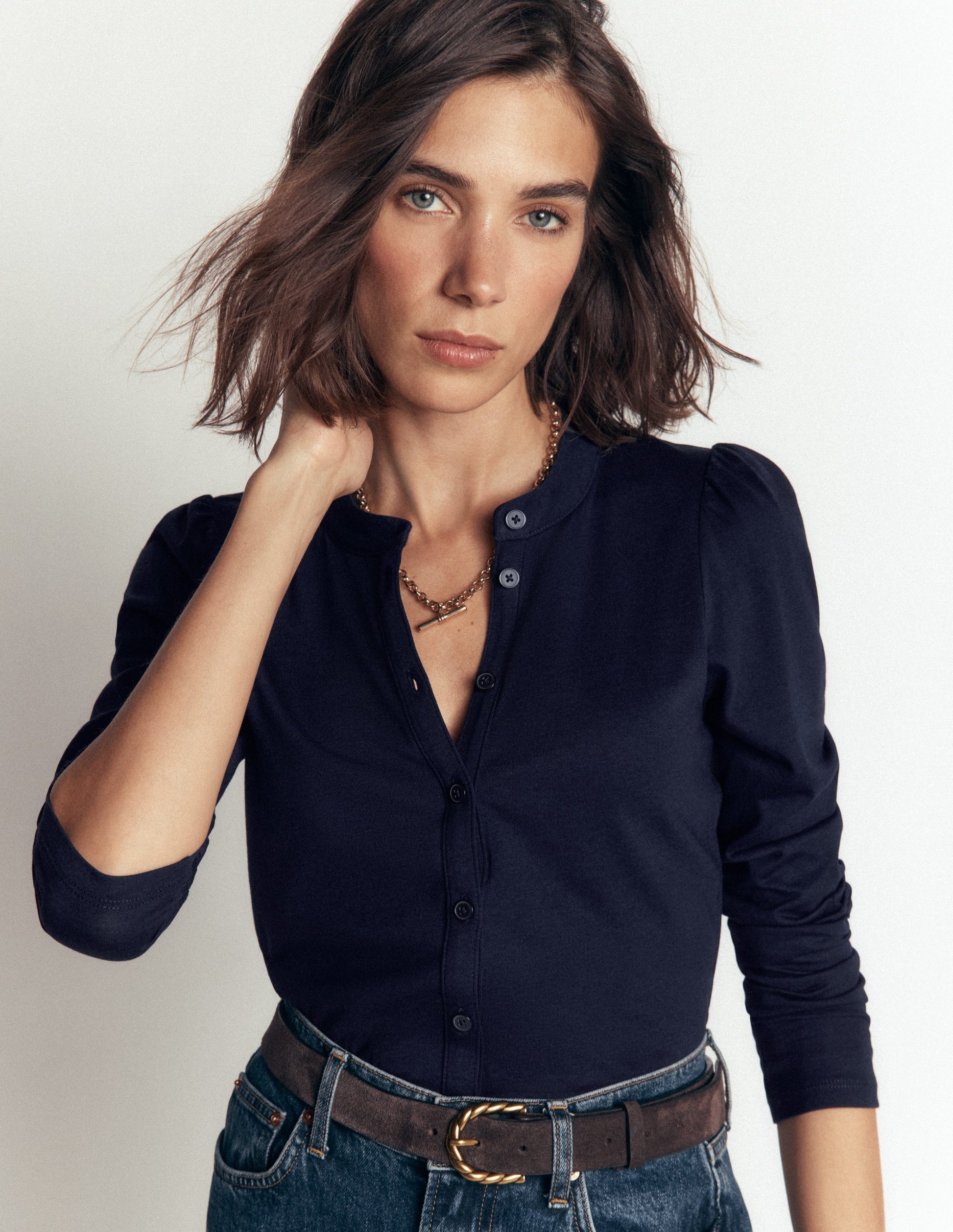 Supersoft Puff Sleeve Shirt-Navy-1