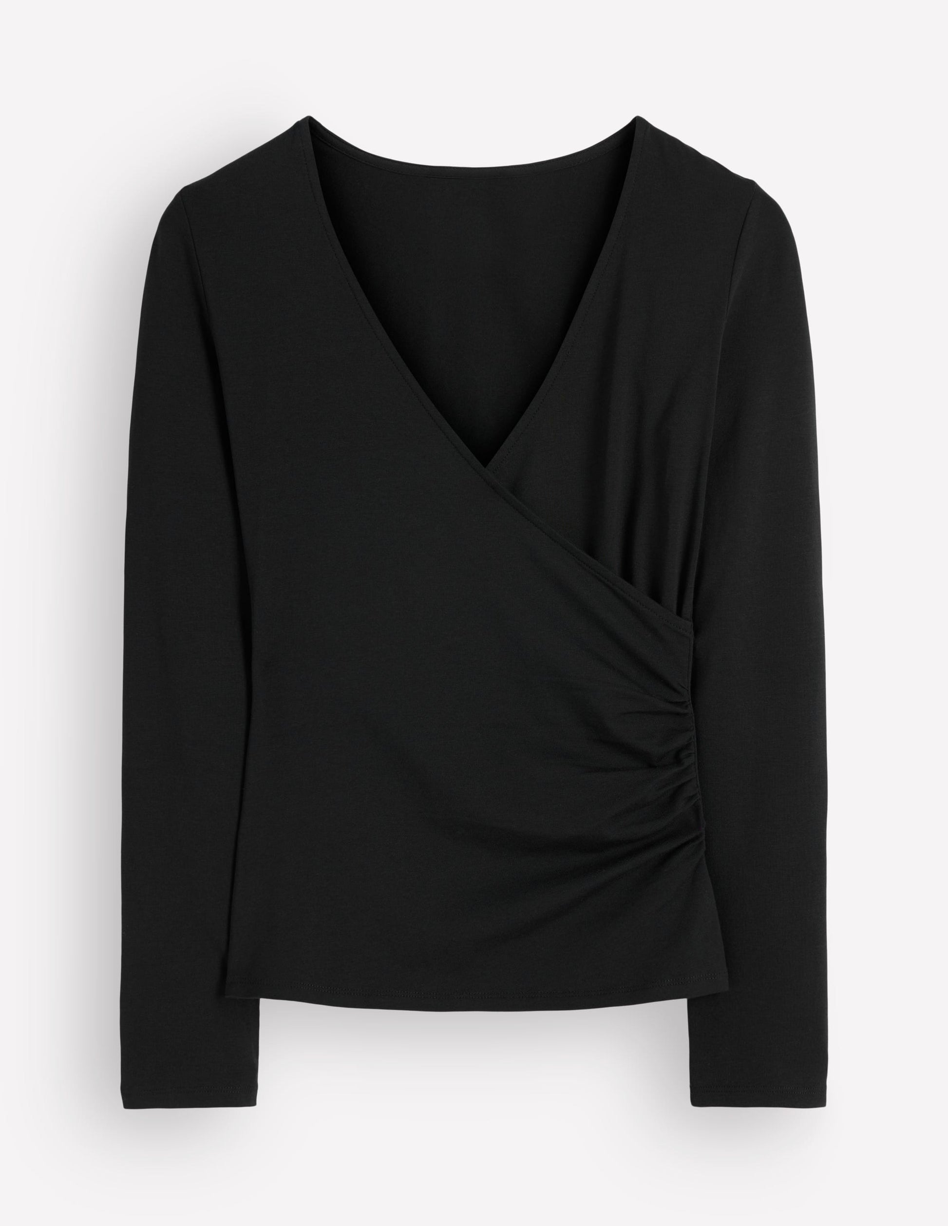 Ruched Long Sleeve Wrap Top-Black-6