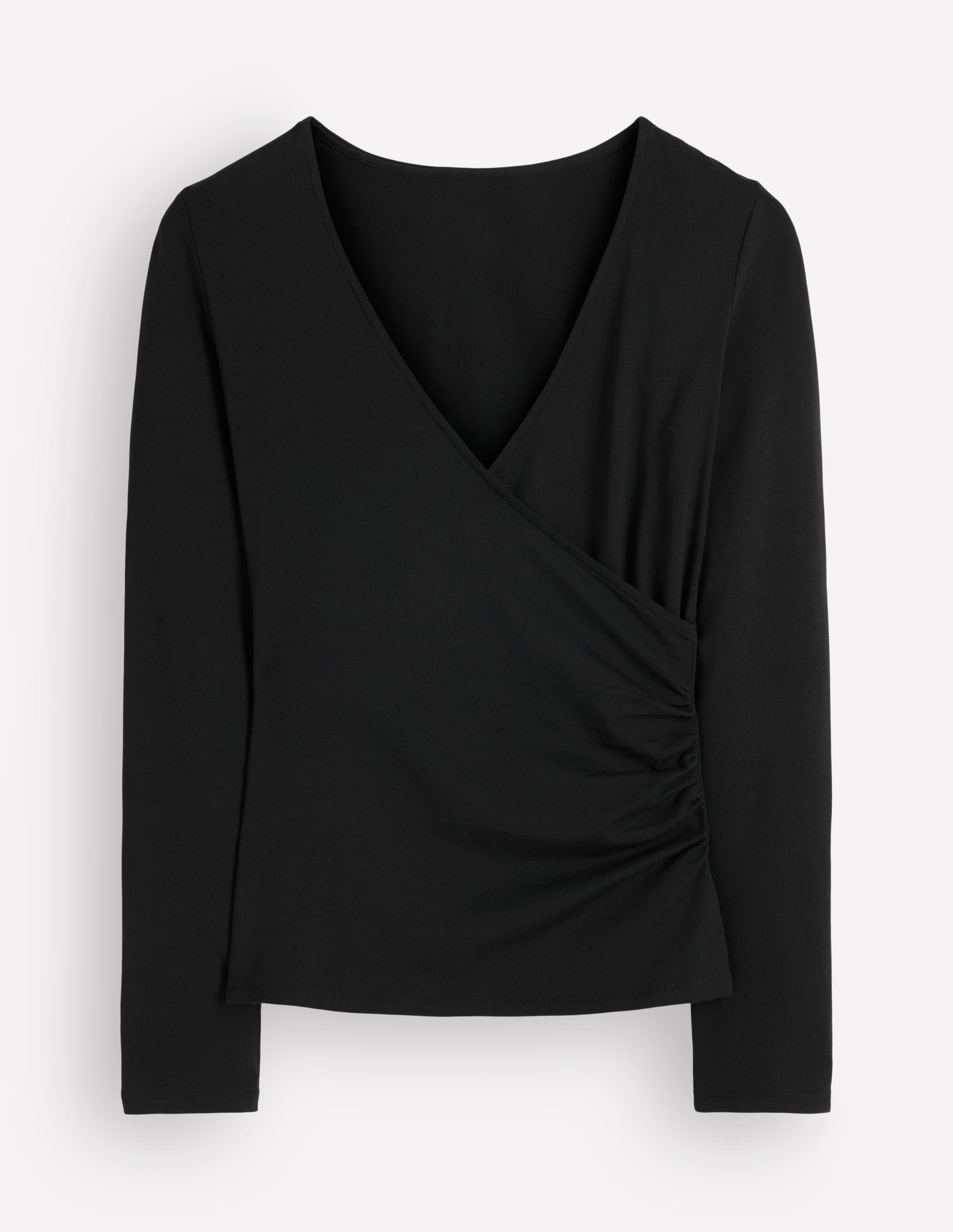 Ruched Long Sleeve Wrap Top-Black - Image 6