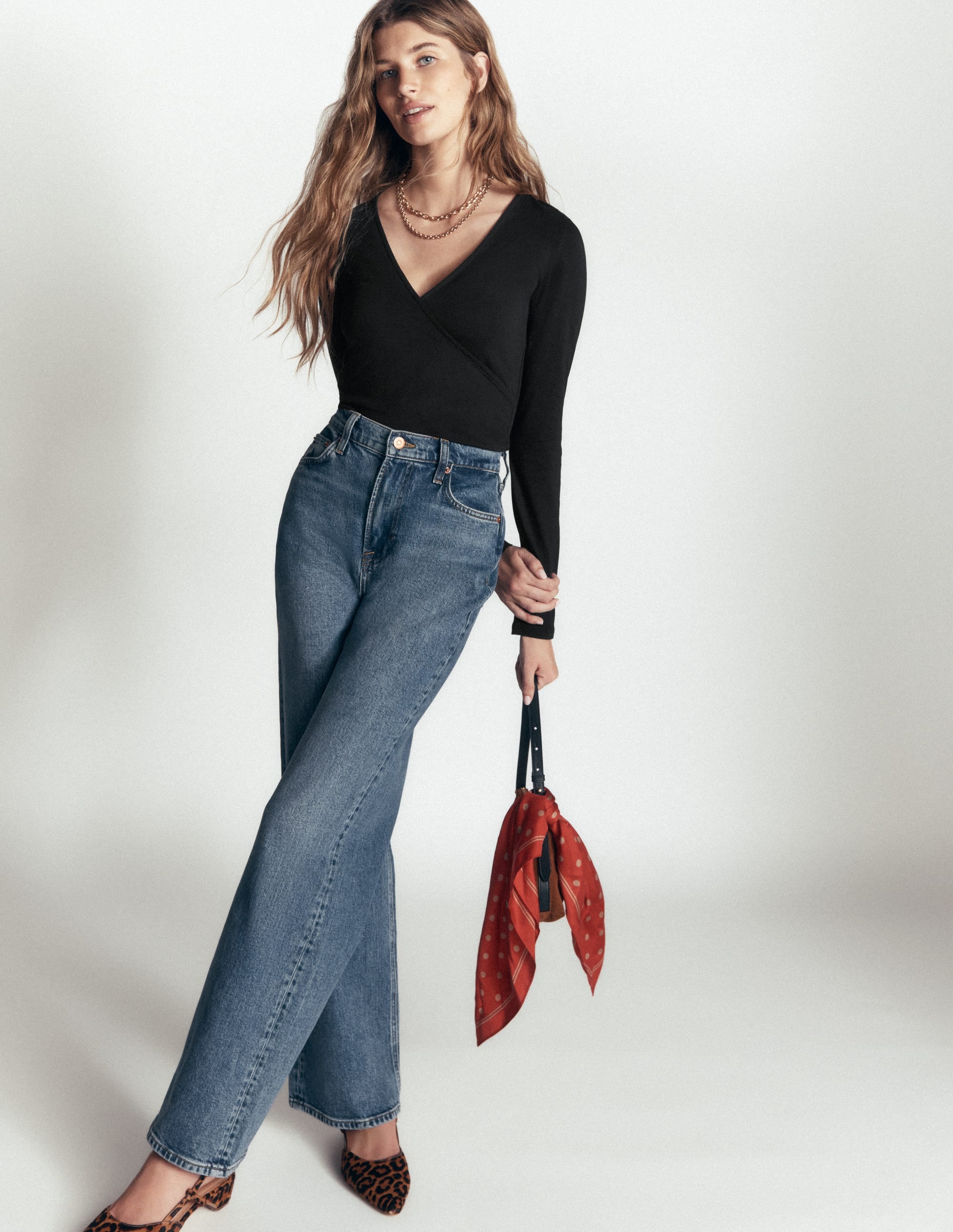 Ruched Long Sleeve Wrap Top-Black - Image 4