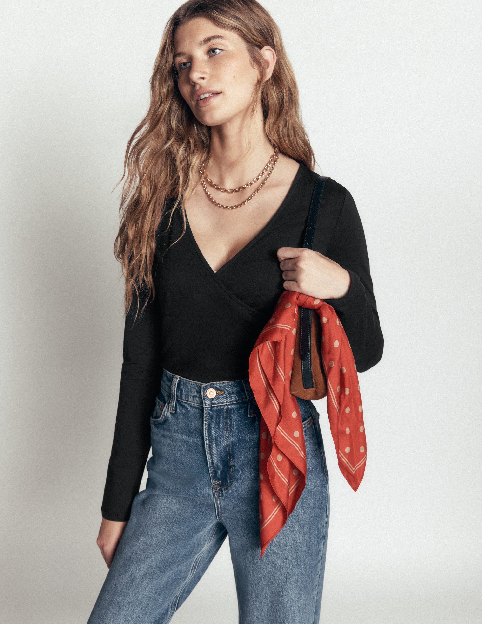 Ruched Long Sleeve Wrap Top-Black - Image 5