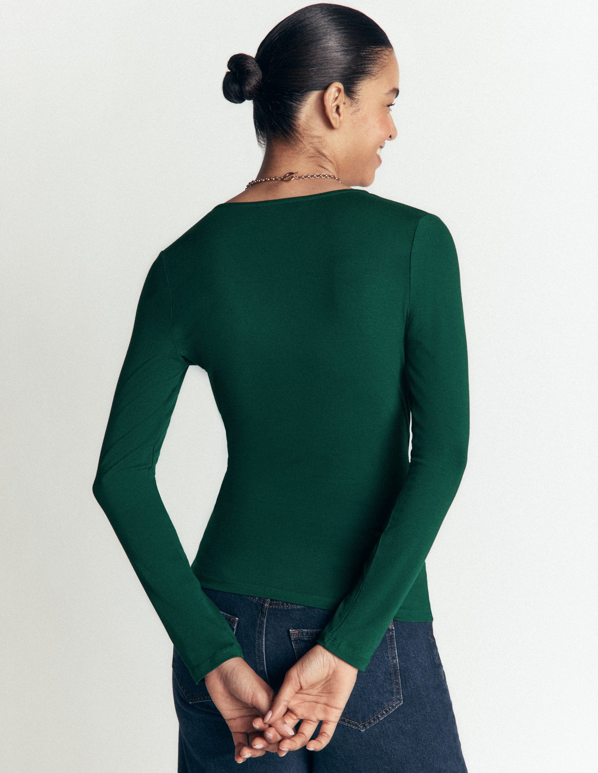 Ruched Long Sleeve Wrap Top-Emerald Night-3