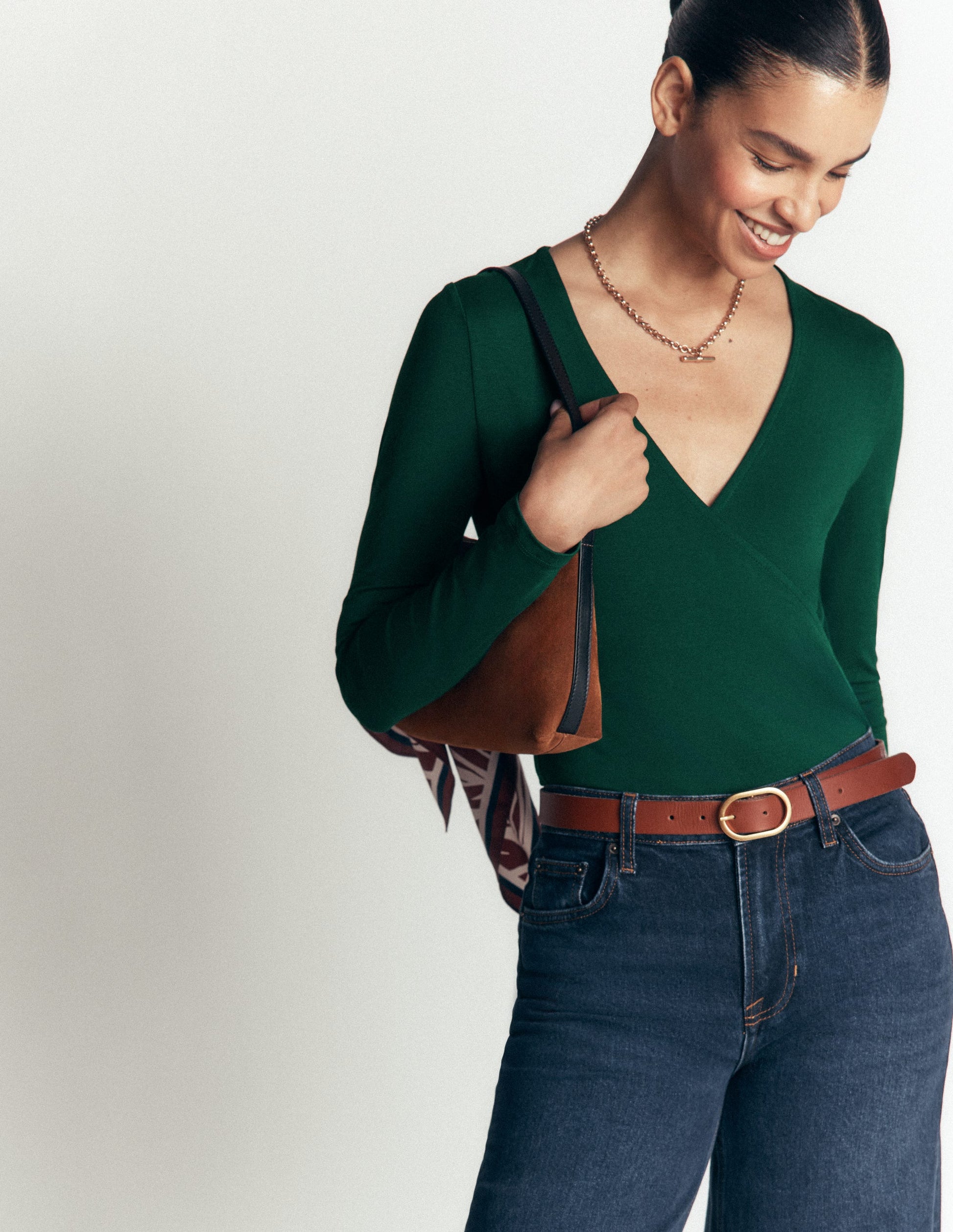 Ruched Long Sleeve Wrap Top-Emerald Night-4