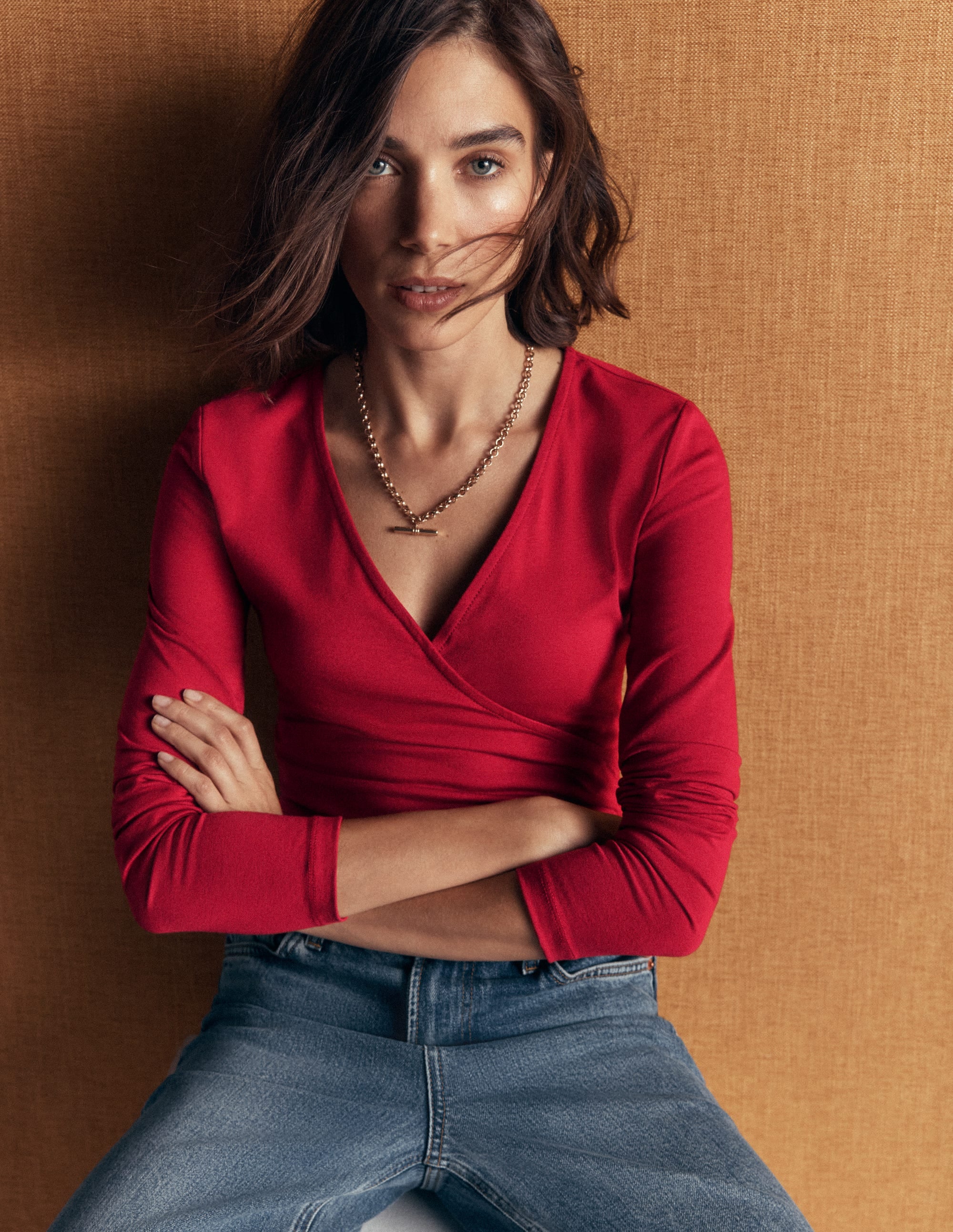 Ruched Long Sleeve Wrap Top-Crimson Red - Image 1