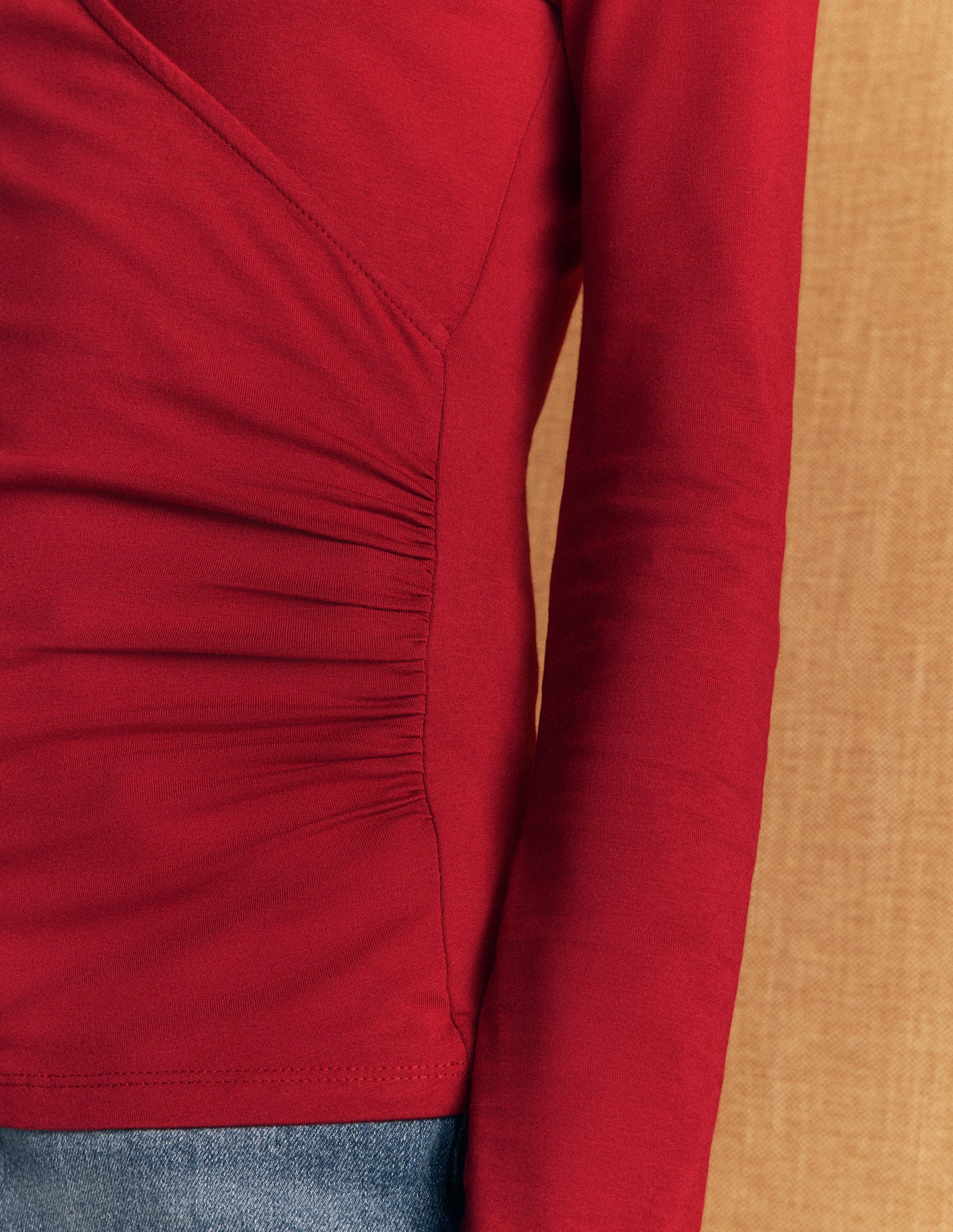 Ruched Long Sleeve Wrap Top-Crimson Red-2