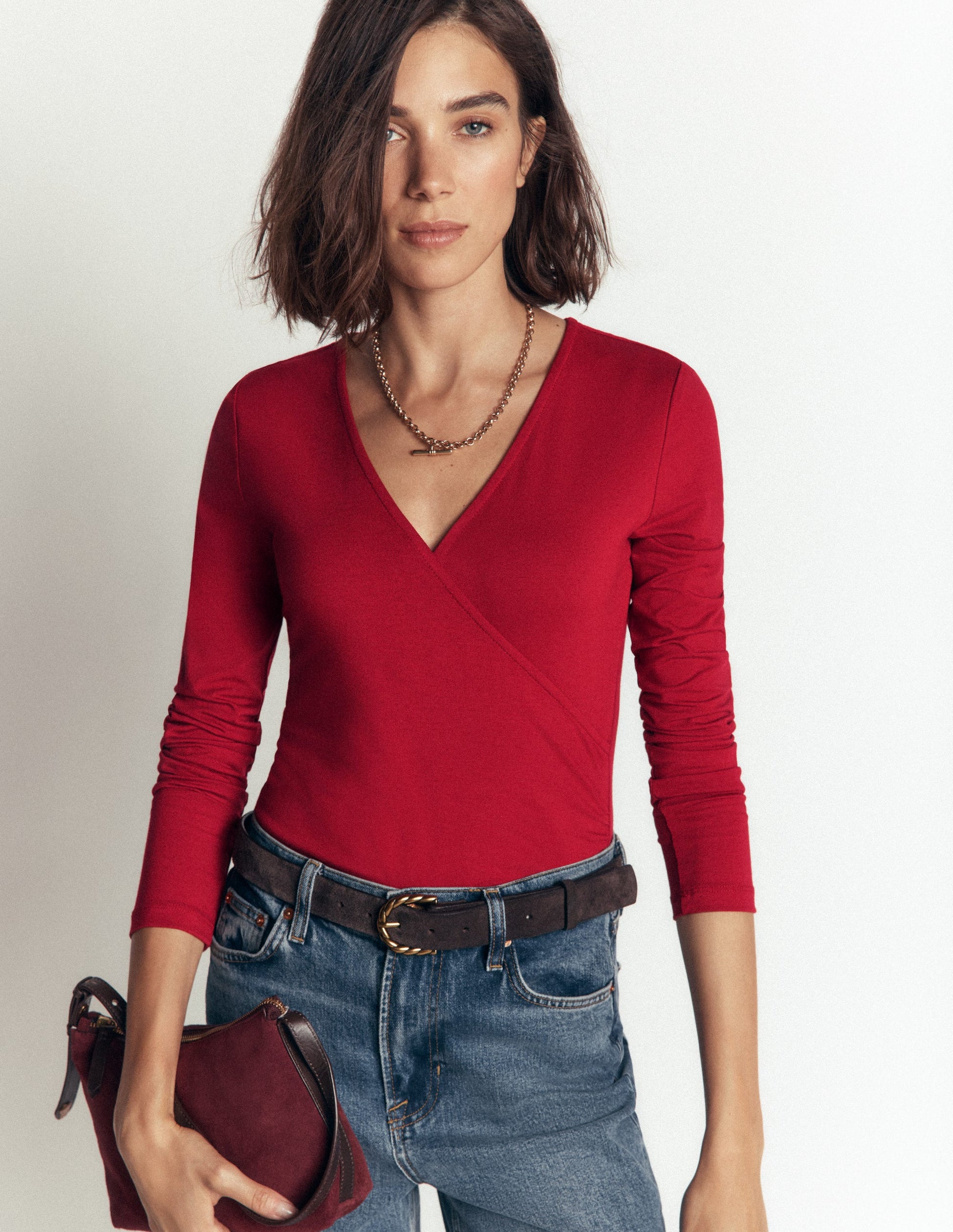 Ruched Long Sleeve Wrap Top-Crimson Red-4