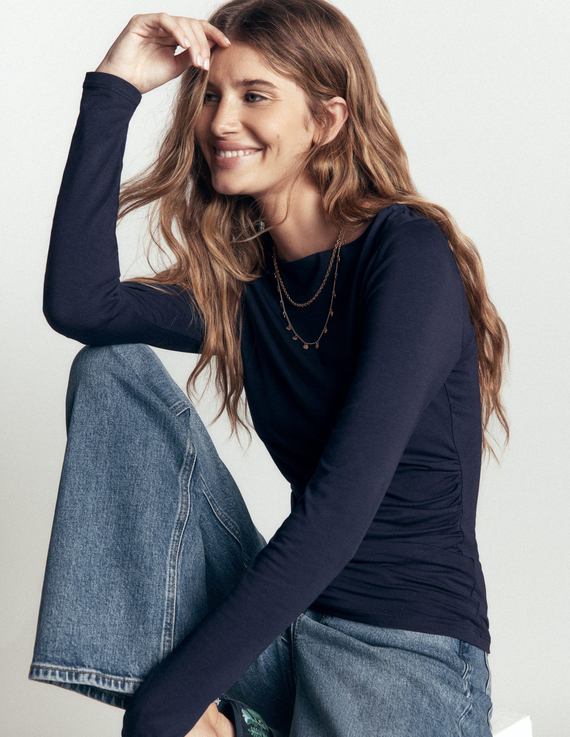 Gathered Detail Long sleeve-Navy-1