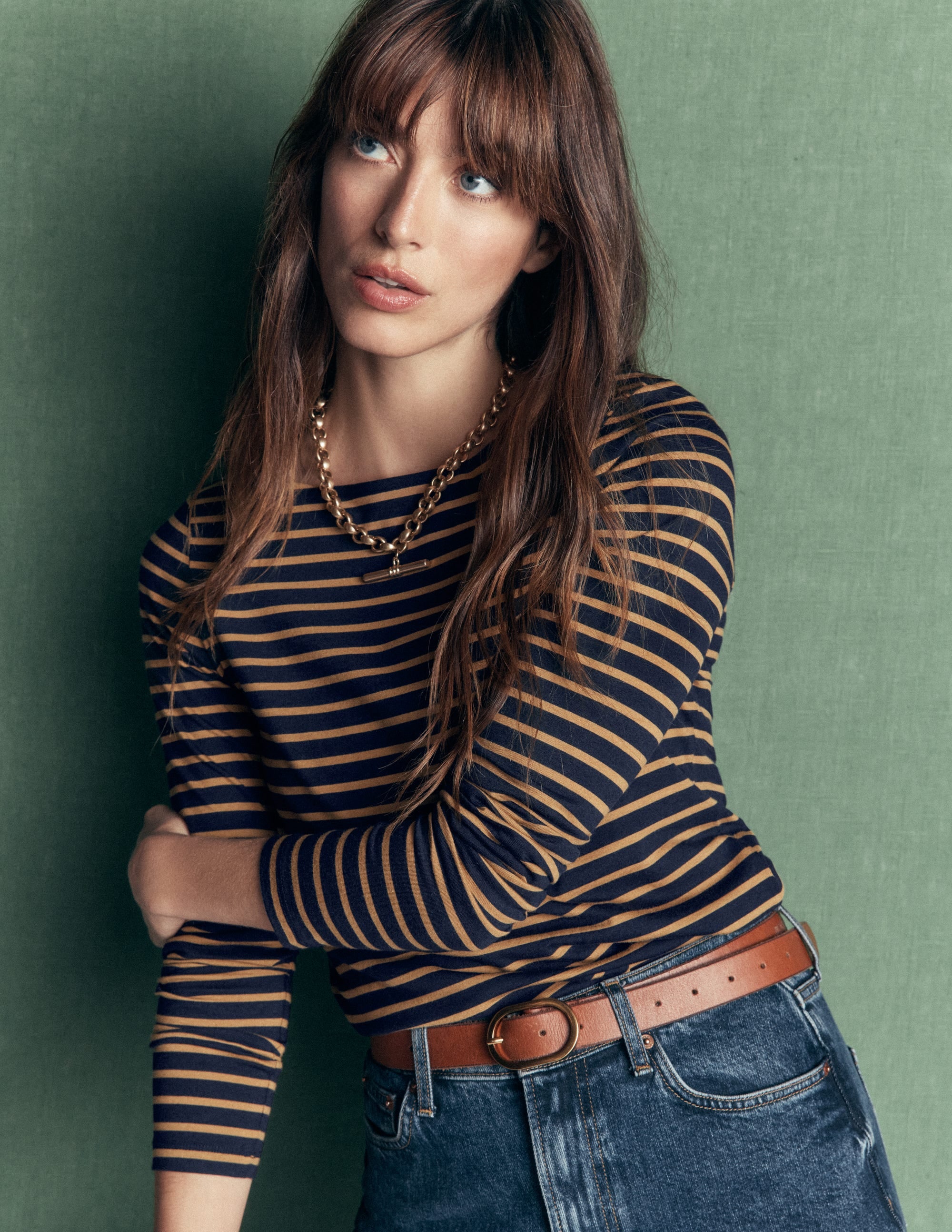 Square Neck Long Sleeve-Navy and Dijon Stripe - Image 2