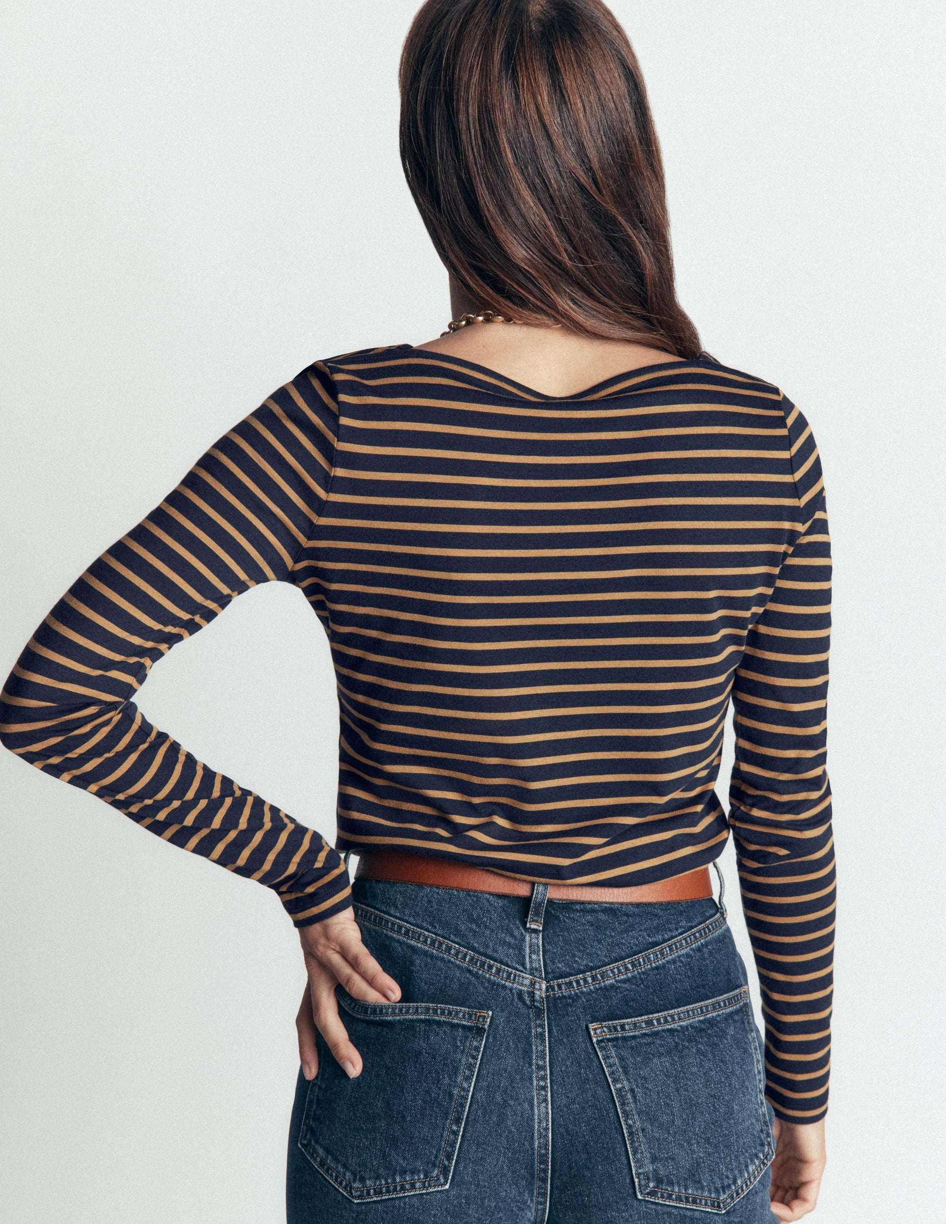 Square Neck Long Sleeve-Navy and Dijon Stripe-3