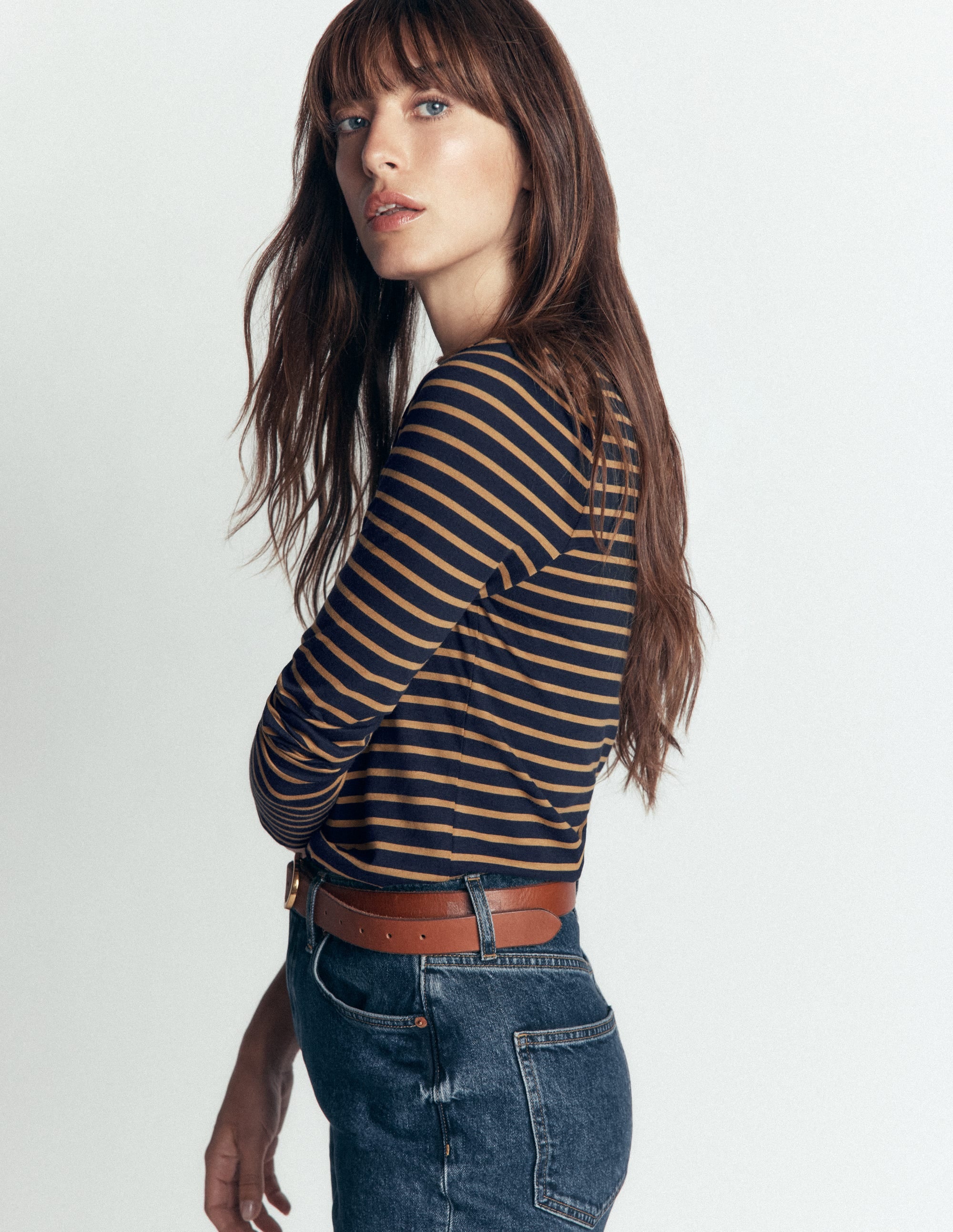Square Neck Long Sleeve-Navy and Dijon Stripe - Image 4