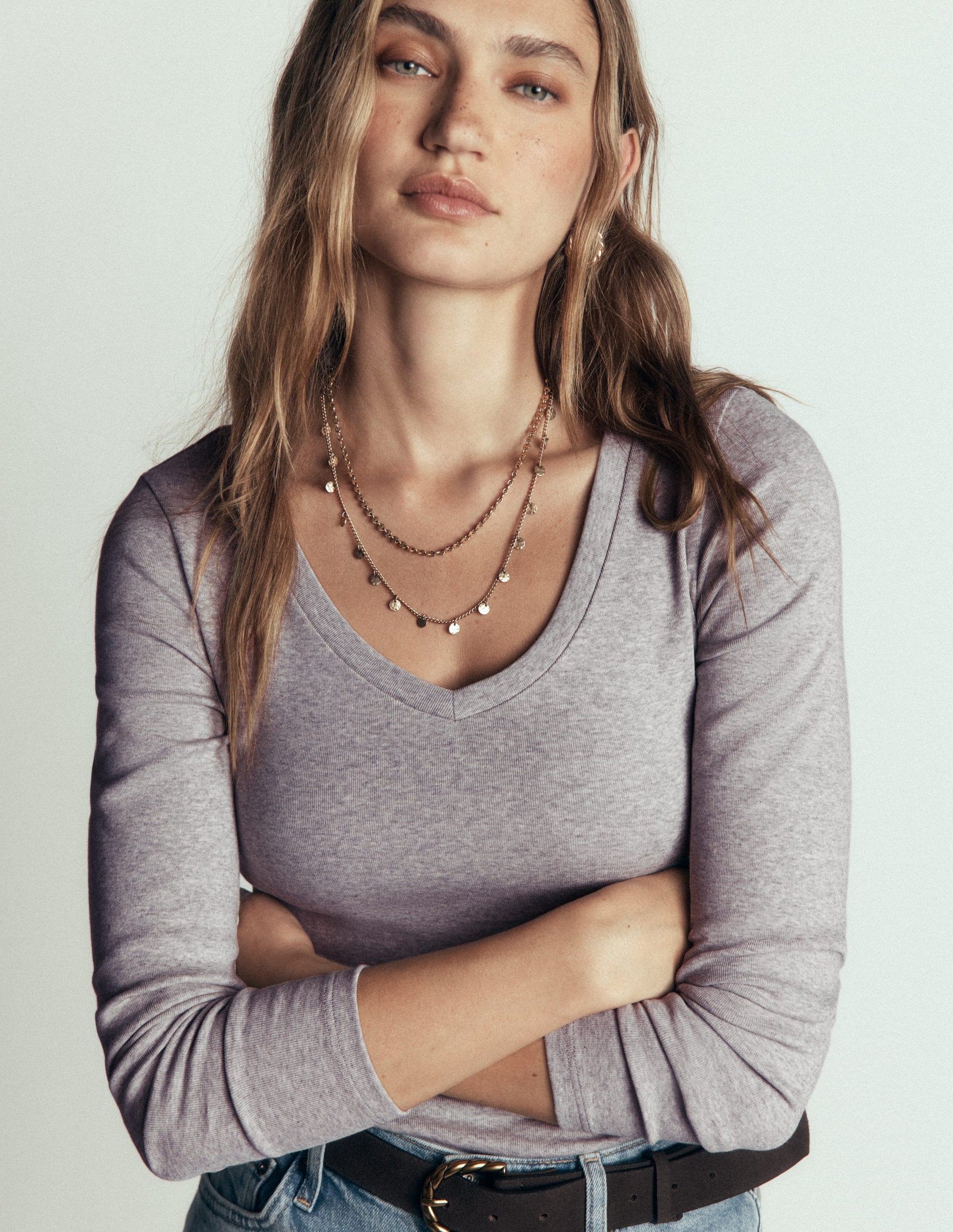 Essential V Neck Top-Grey Marl-1