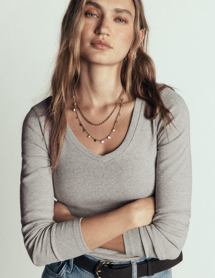 Essential V Neck Top-Grey Marl