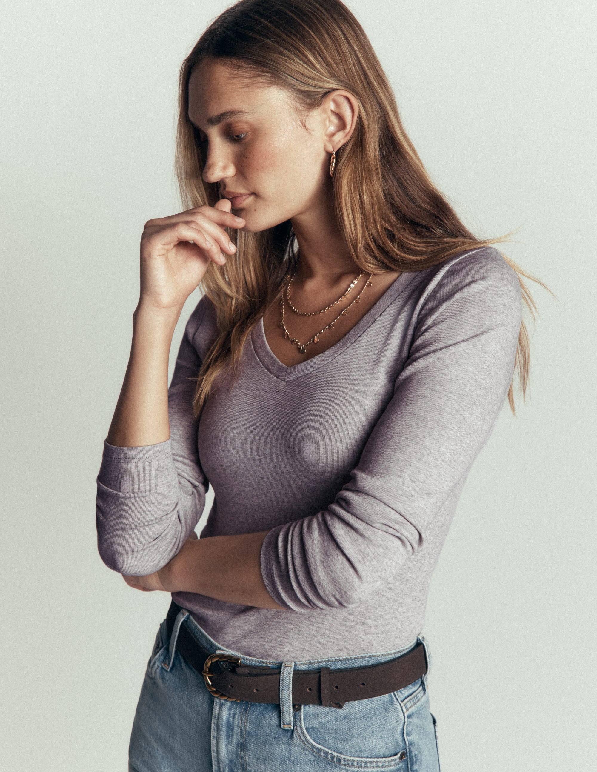 Essential V Neck Top-Grey Marl - Image 4