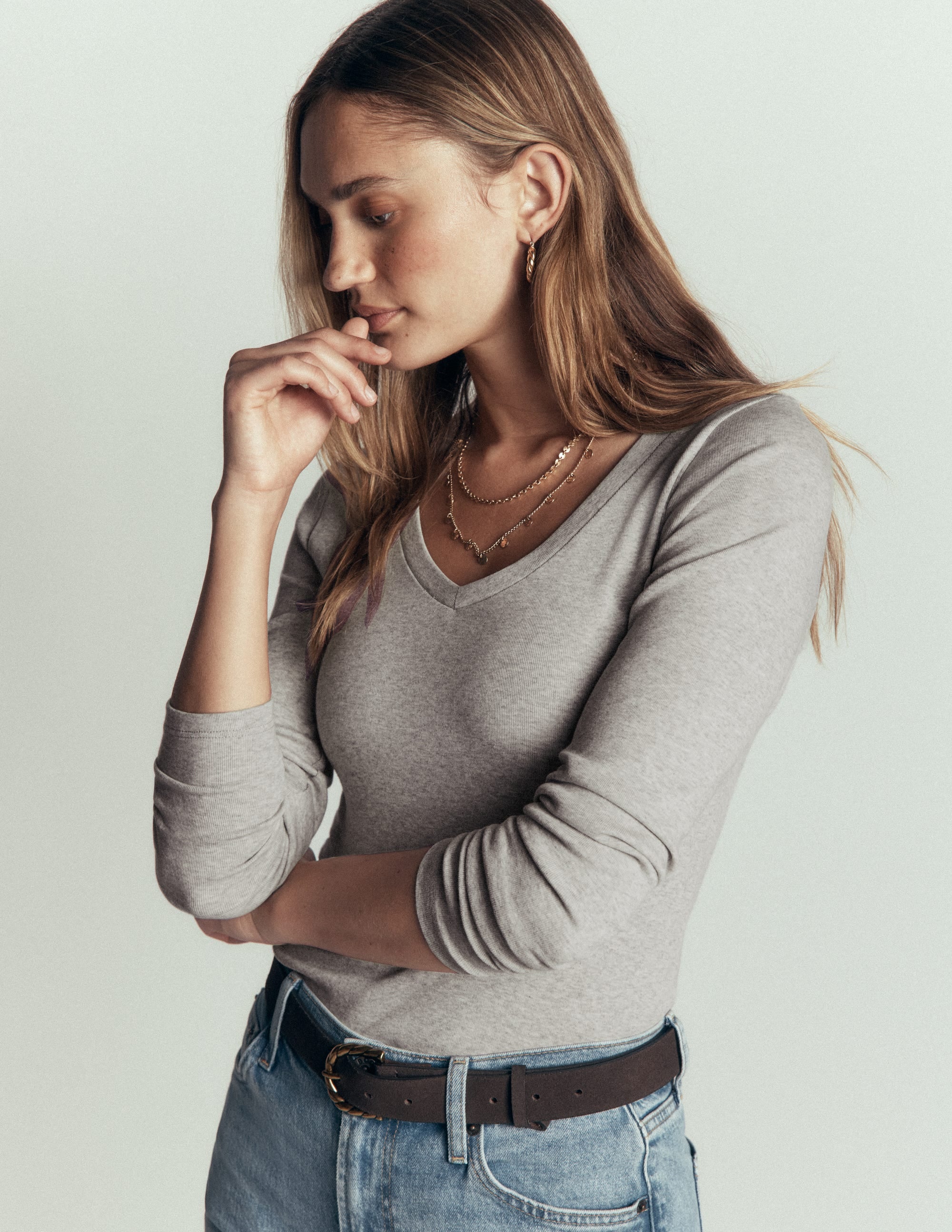 Annie Essential V Neck Top-Grey Marl - Image 4