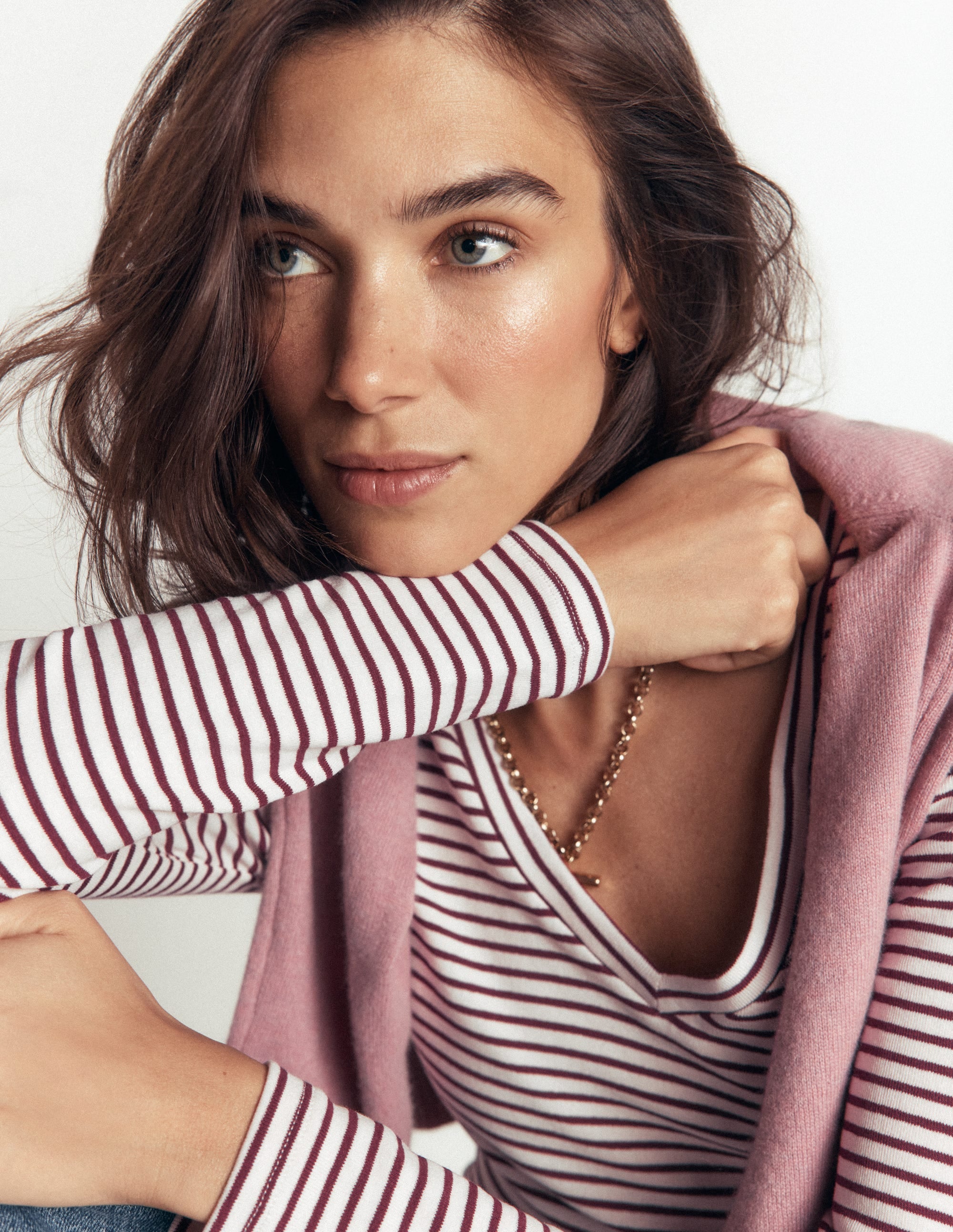Annie Essential V Neck Top-Deep Wisteria and Ivory Stripe - Image 2