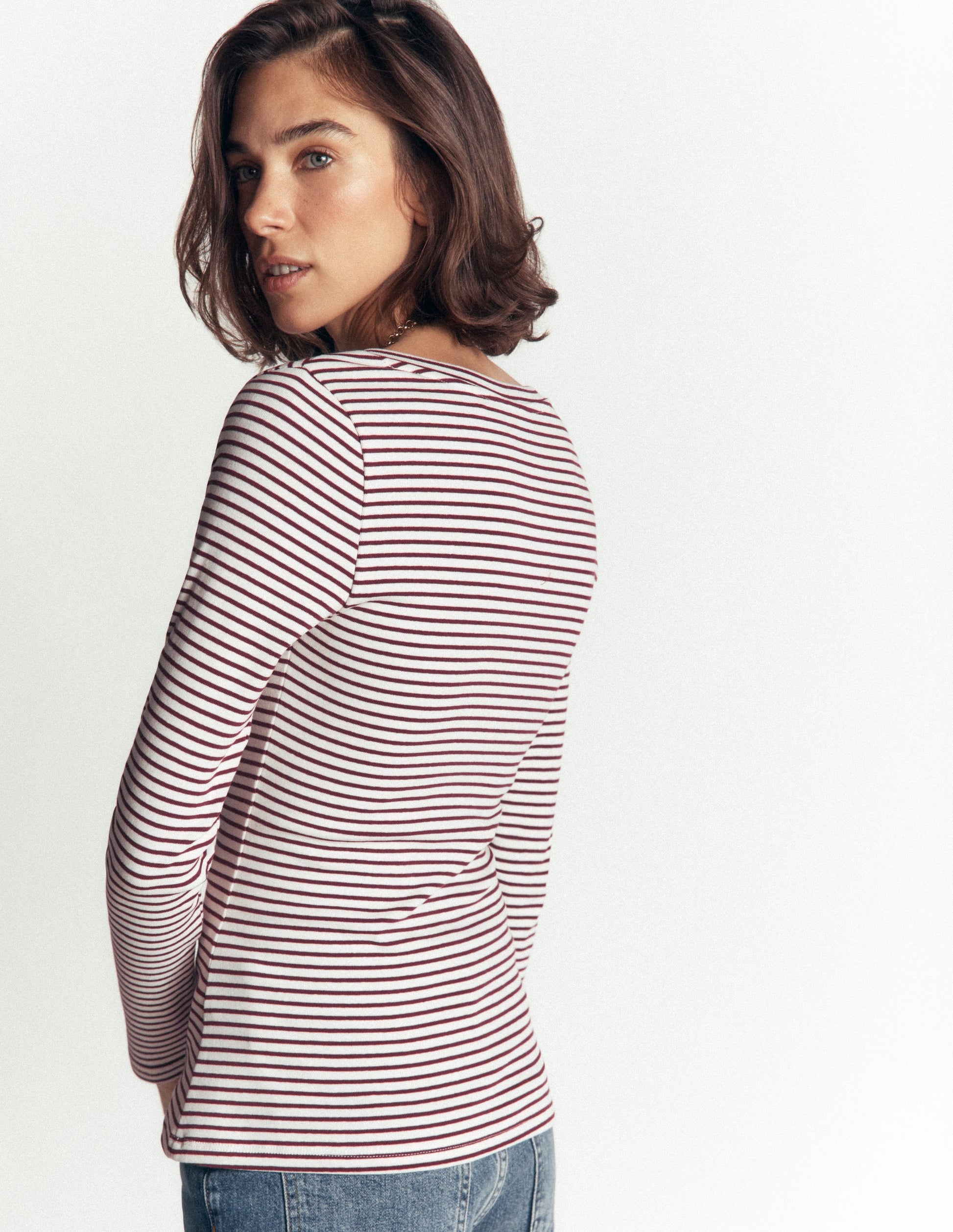 Annie Essential V Neck Top-Deep Wisteria and Ivory Stripe-3