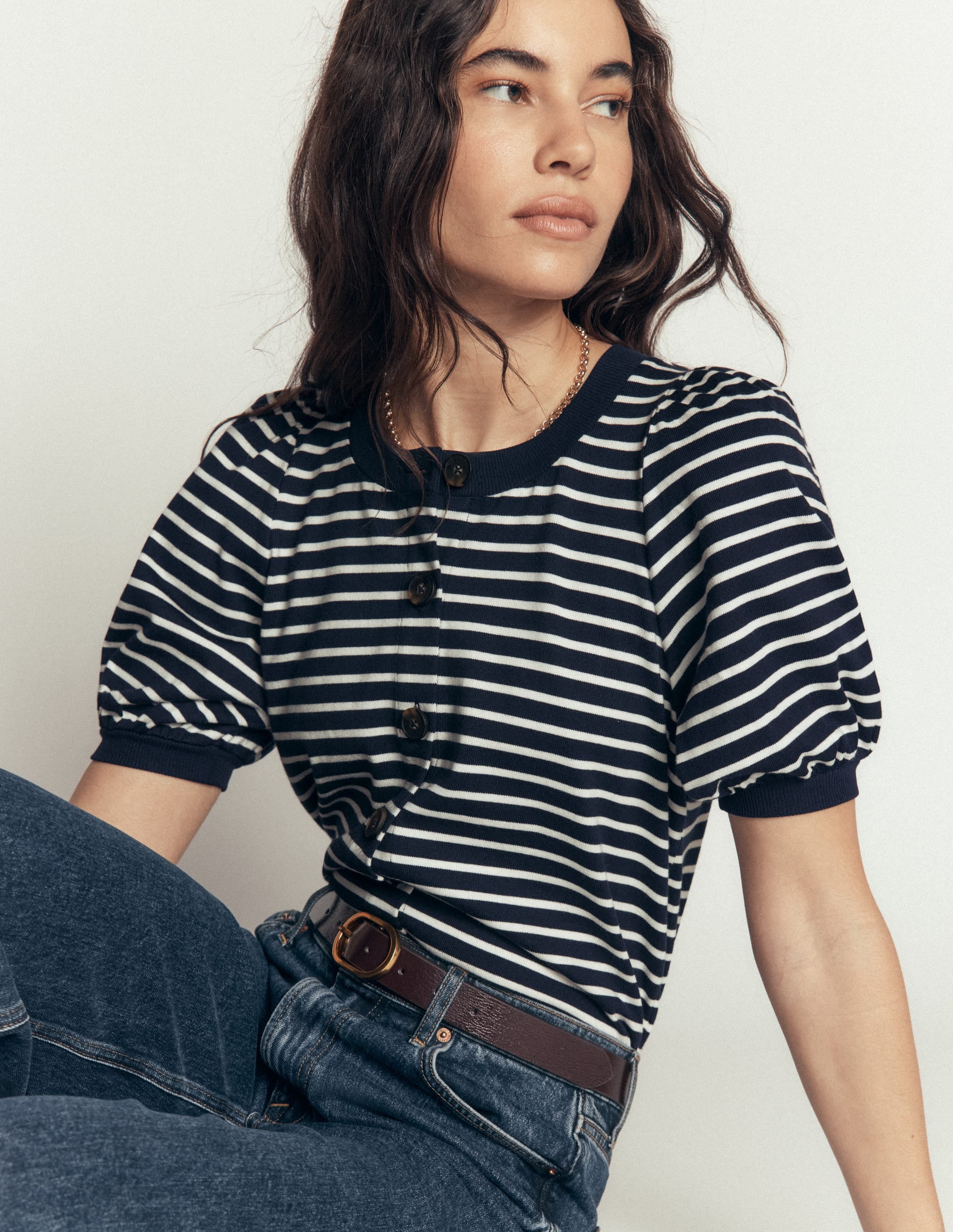 Button-through Full Sleeve Top-Navy and Ivory Stripe - Image 1