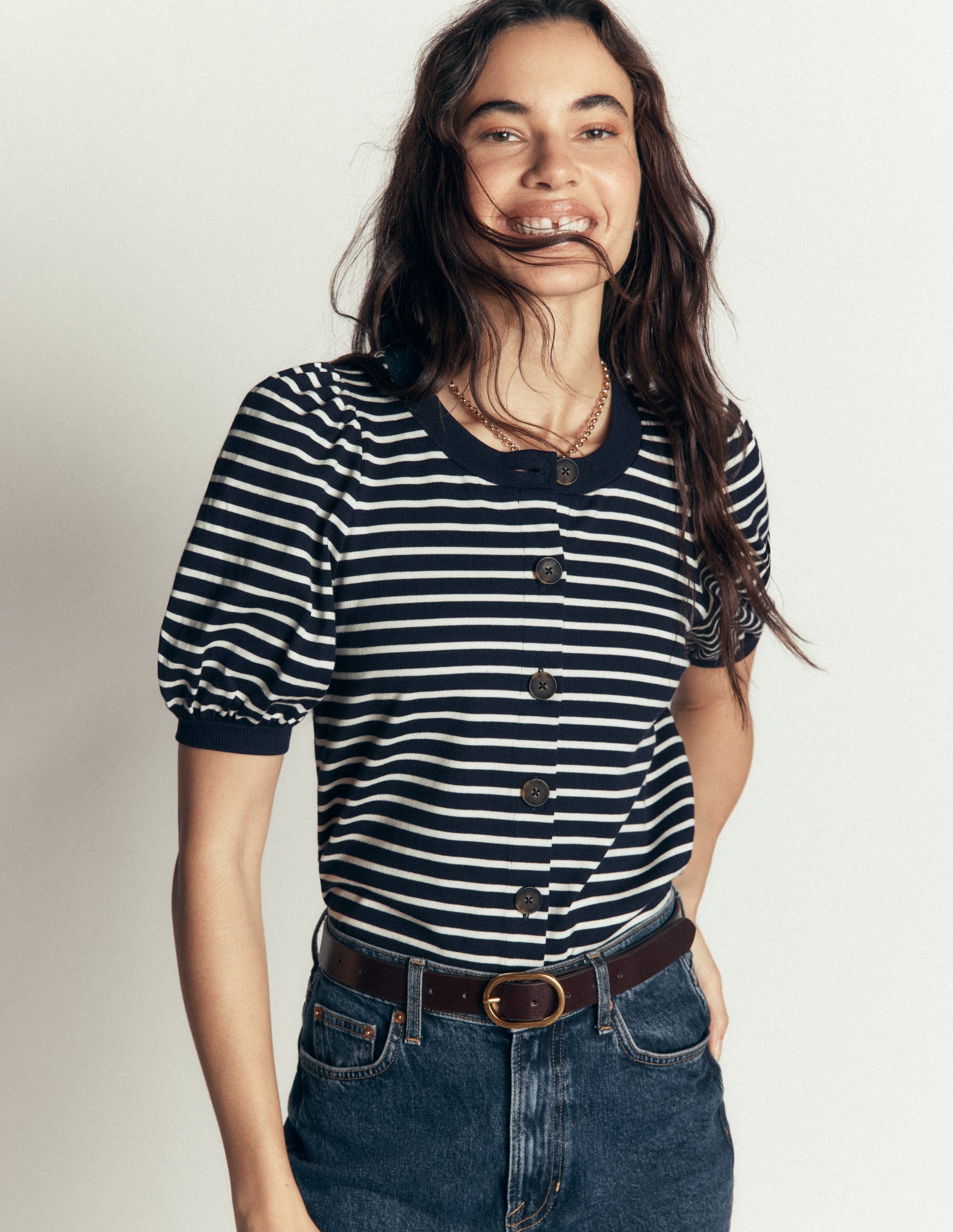 Button-through Full Sleeve Top-Navy and Ivory Stripe - Image 2