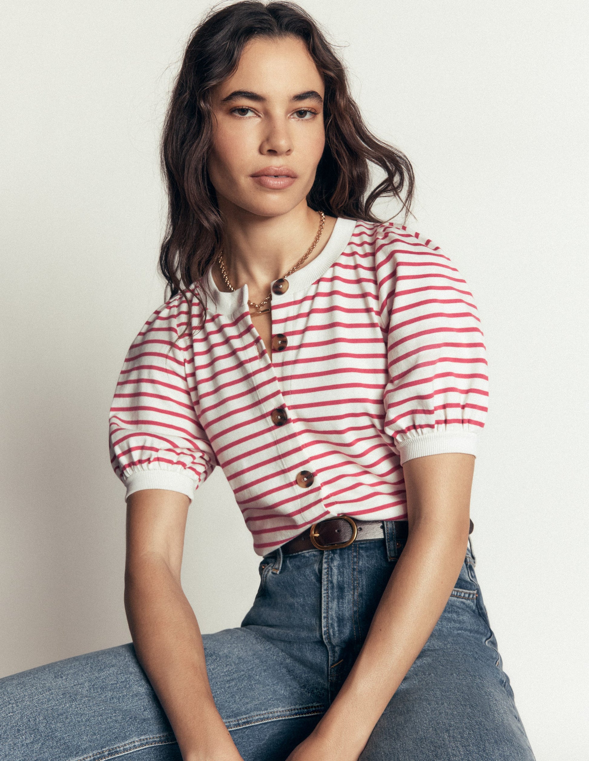 Button-through Full Sleeve Top-Ivory and Hollyberry Stripe-1