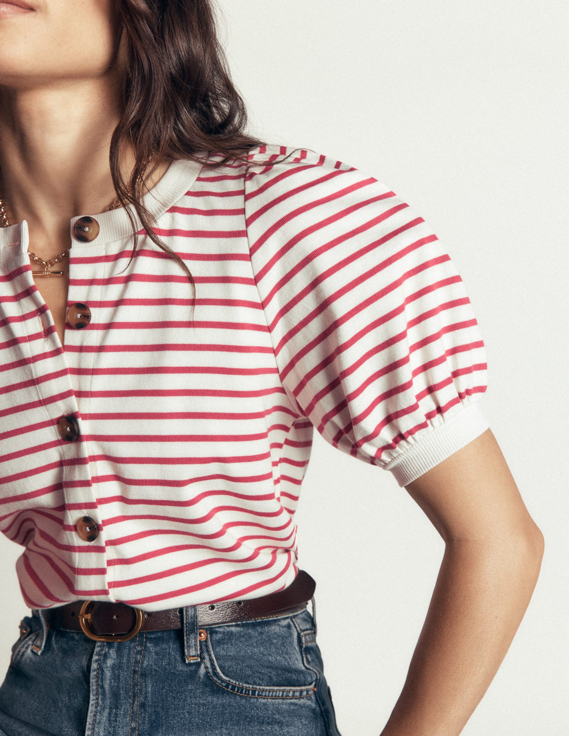 Button-through Full Sleeve Top-Ivory and Hollyberry Stripe-2