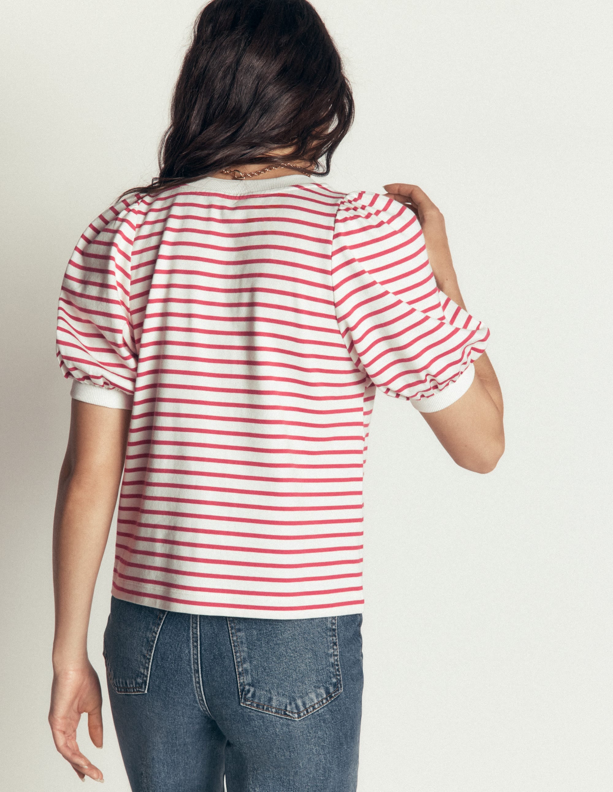 Button-through Full Sleeve Top-Ivory and Hollyberry Stripe - Image 3