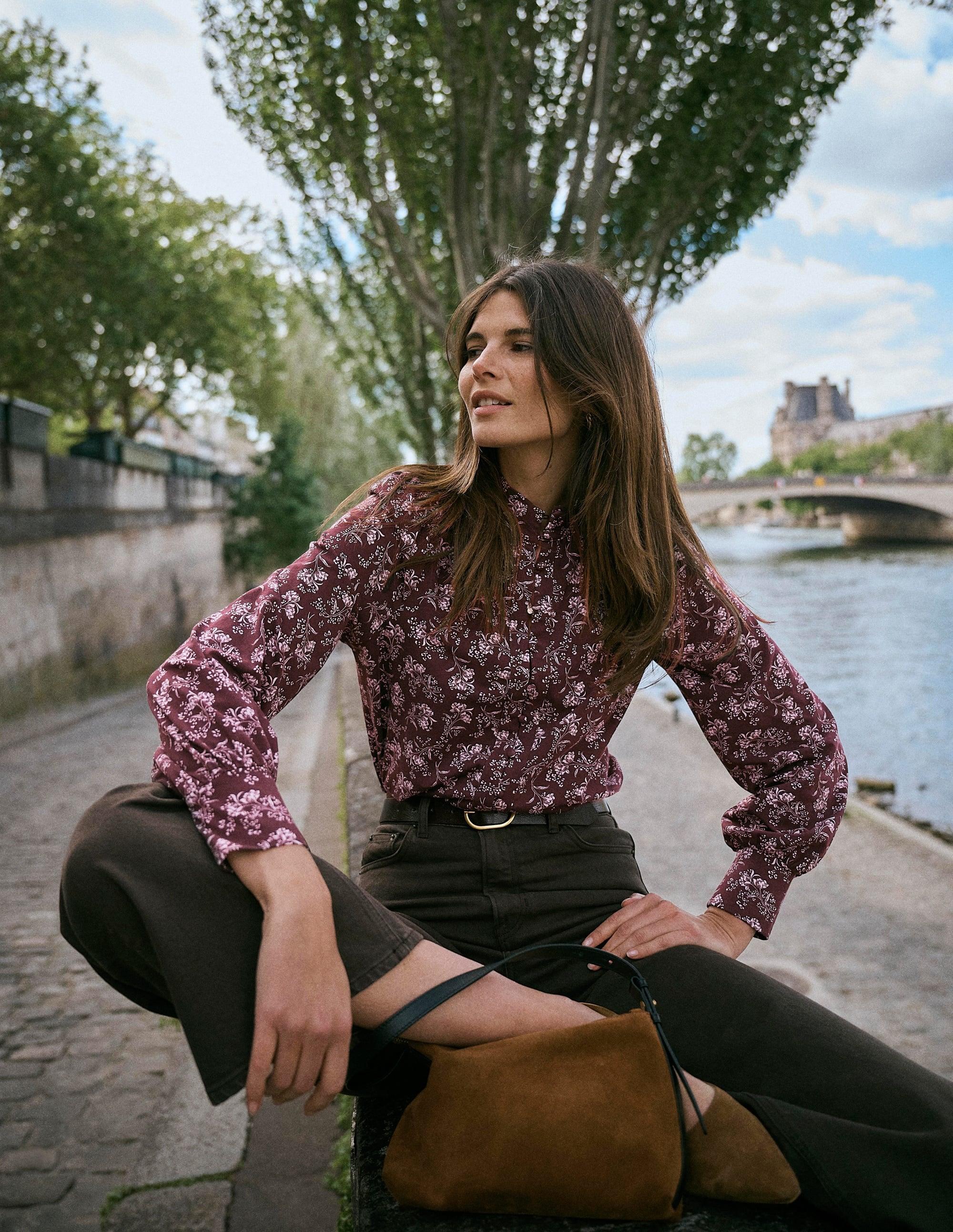 Isla Funnel Neck Button Blouse-Fudge, Enchanted Sprigs - Image 1