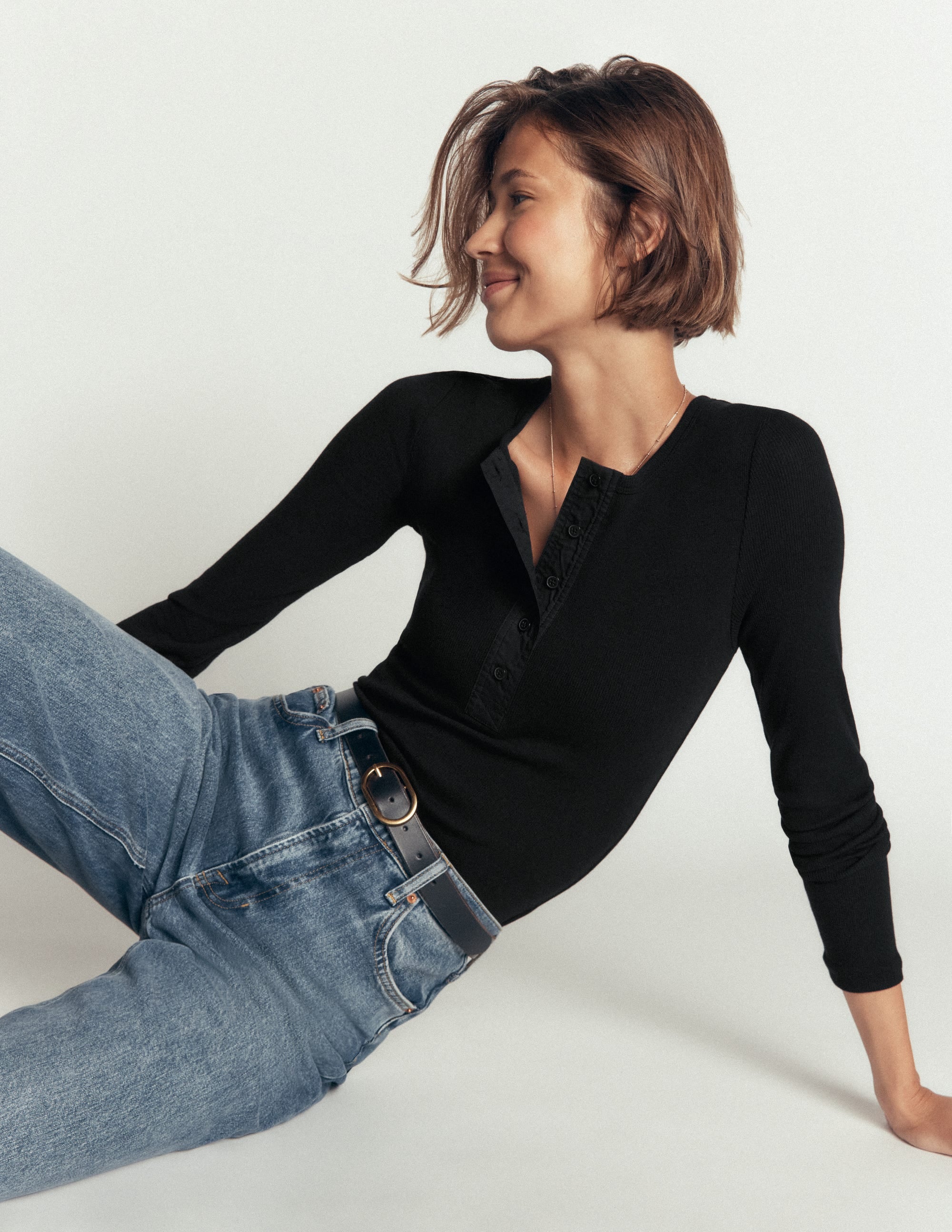 Ribbed Long Sleeve Henley-Black - Image 5