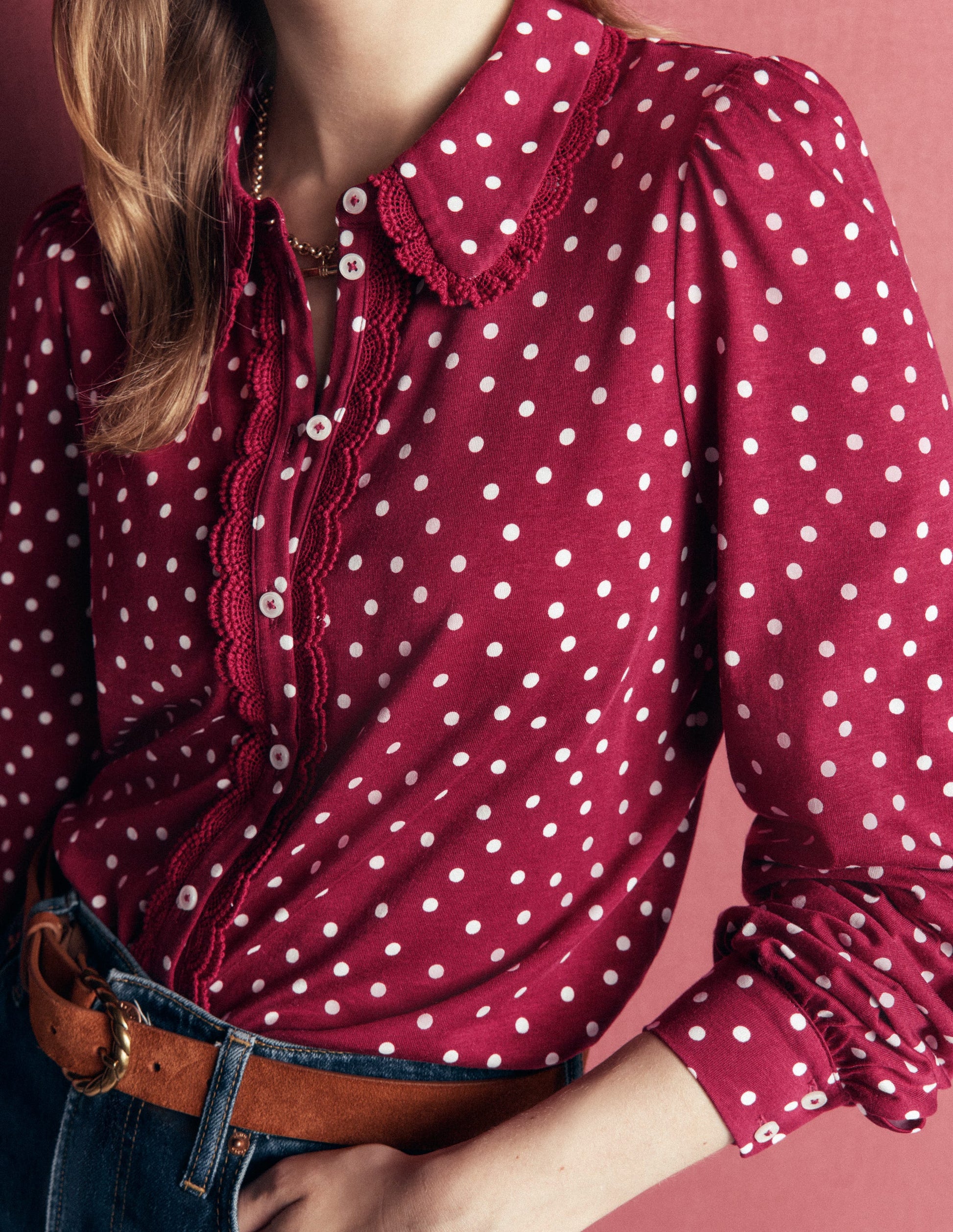 Lace Frill Blouse-Ruby Red, Boden Spot-2