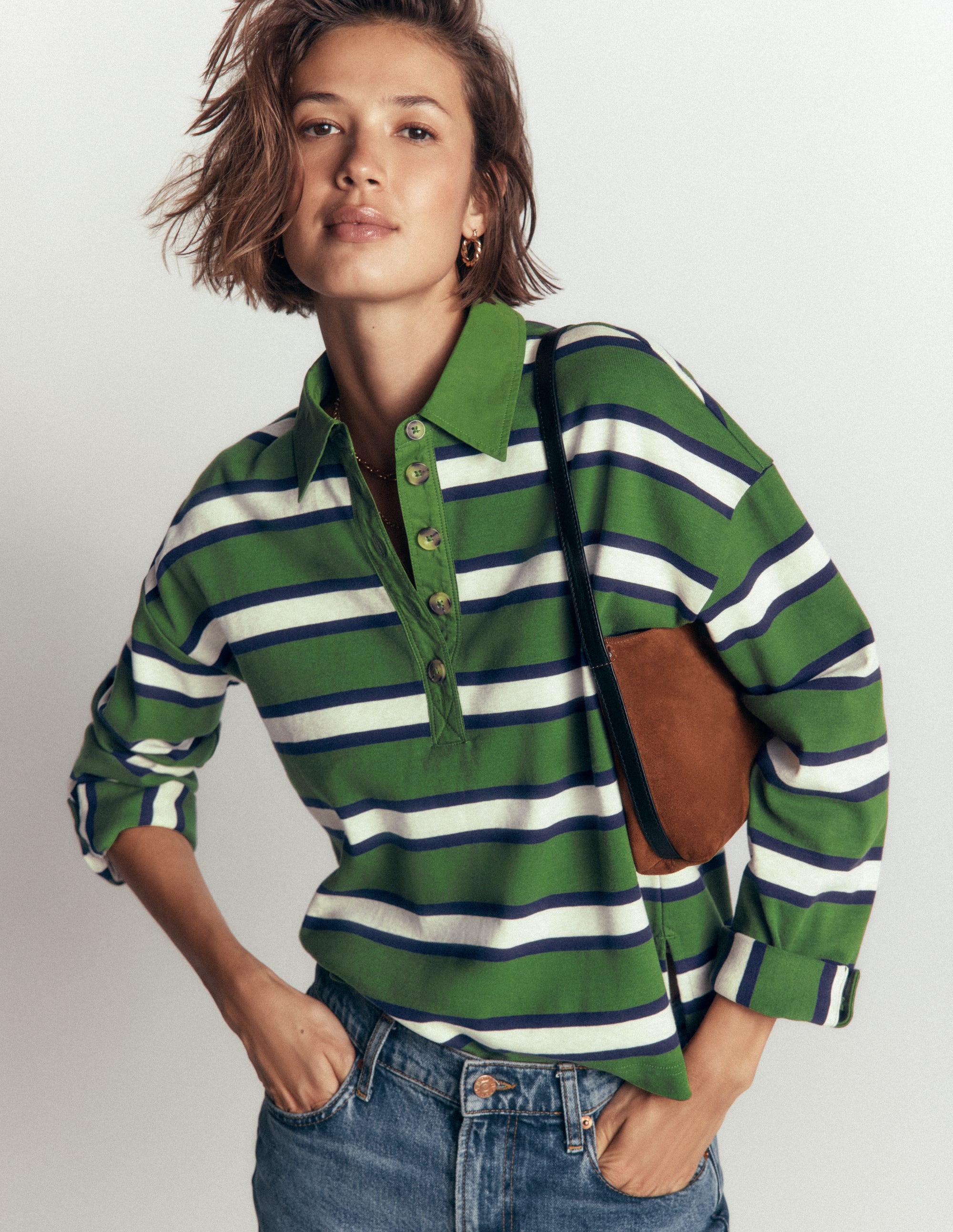 Collar Button Striped Breton-Chive and Navy Stripe - Image 2