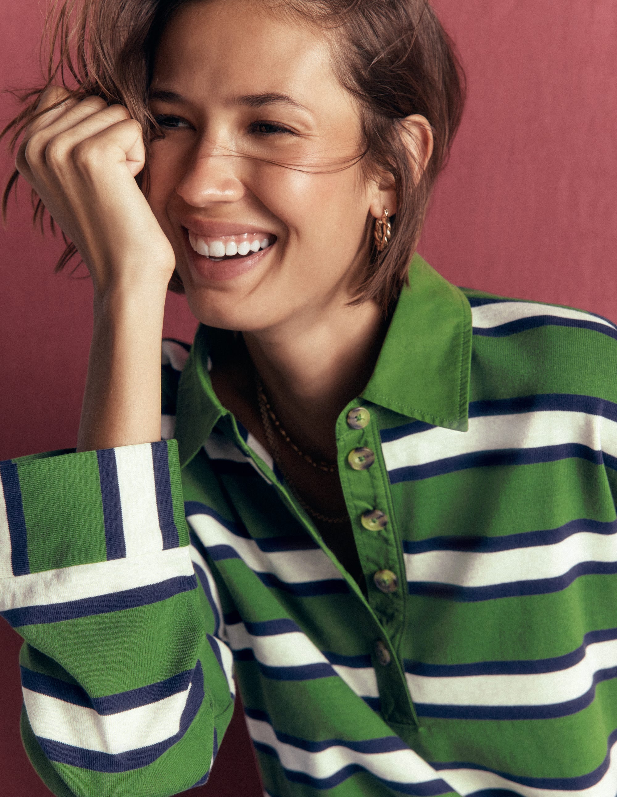 Collar Button Striped Breton-Chive and Navy Stripe - Image 3