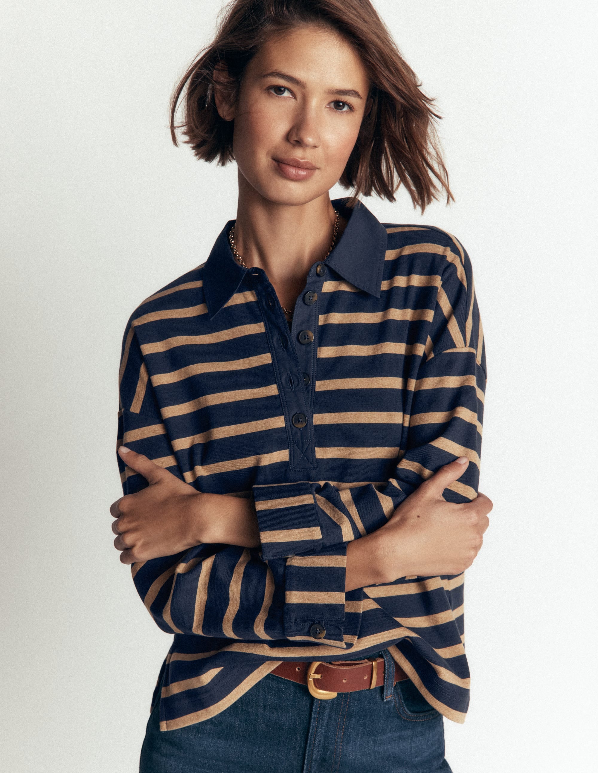 Collar Button Striped Breton-Navy and Camel Stripe - Image 1